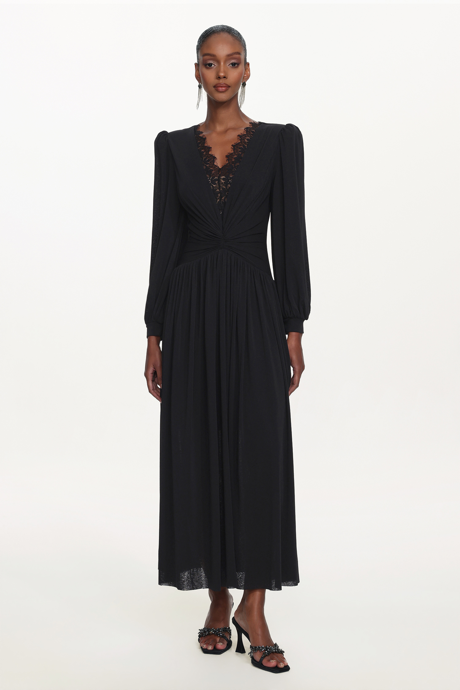 Liaco Elegant Contour V Neck Long Sleeve Ruched Lace Knit Black Maxi Dress
