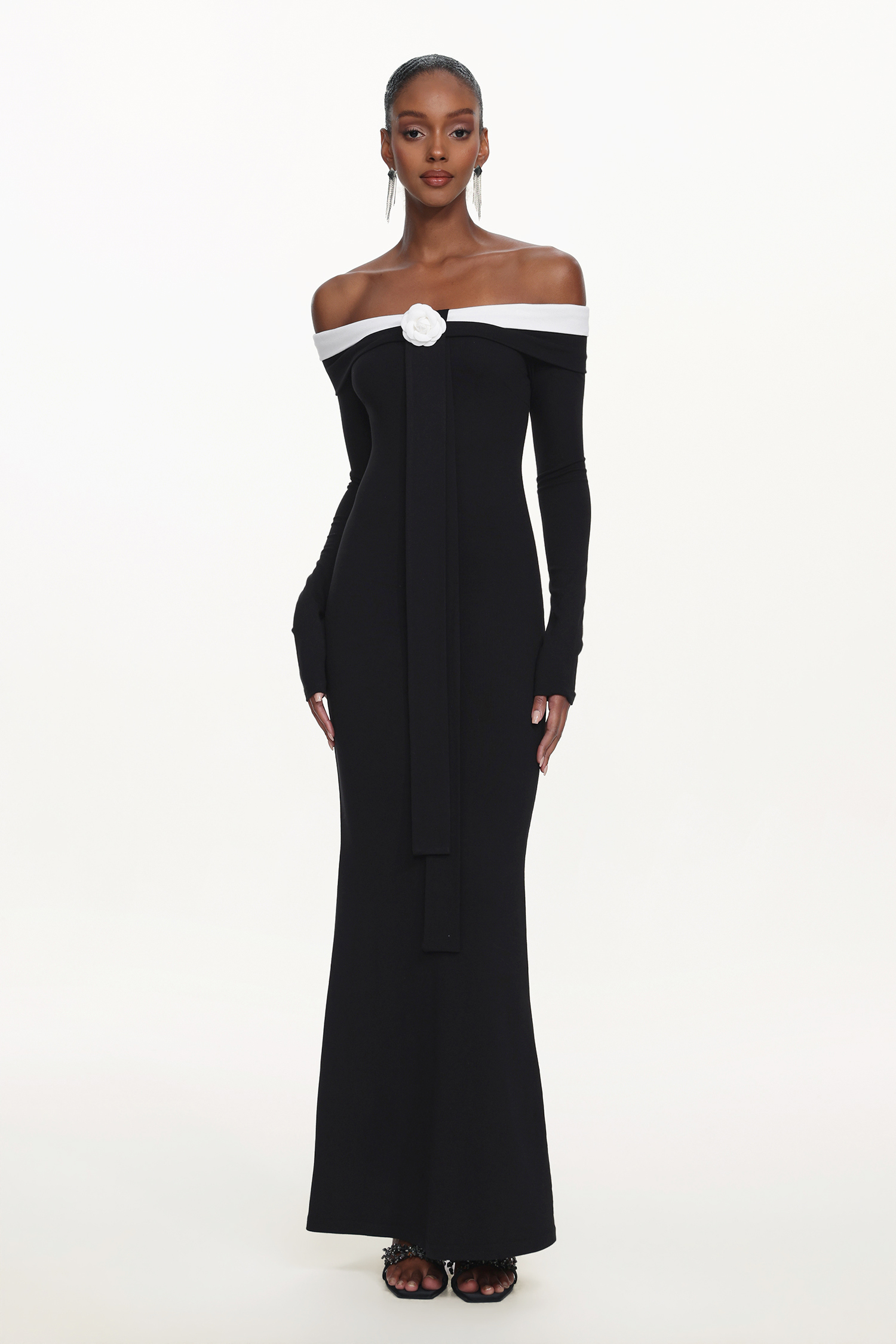 Glylah Elegant Contour Off Shoulder Long Sleeve Contrast Floral Maxi Dress