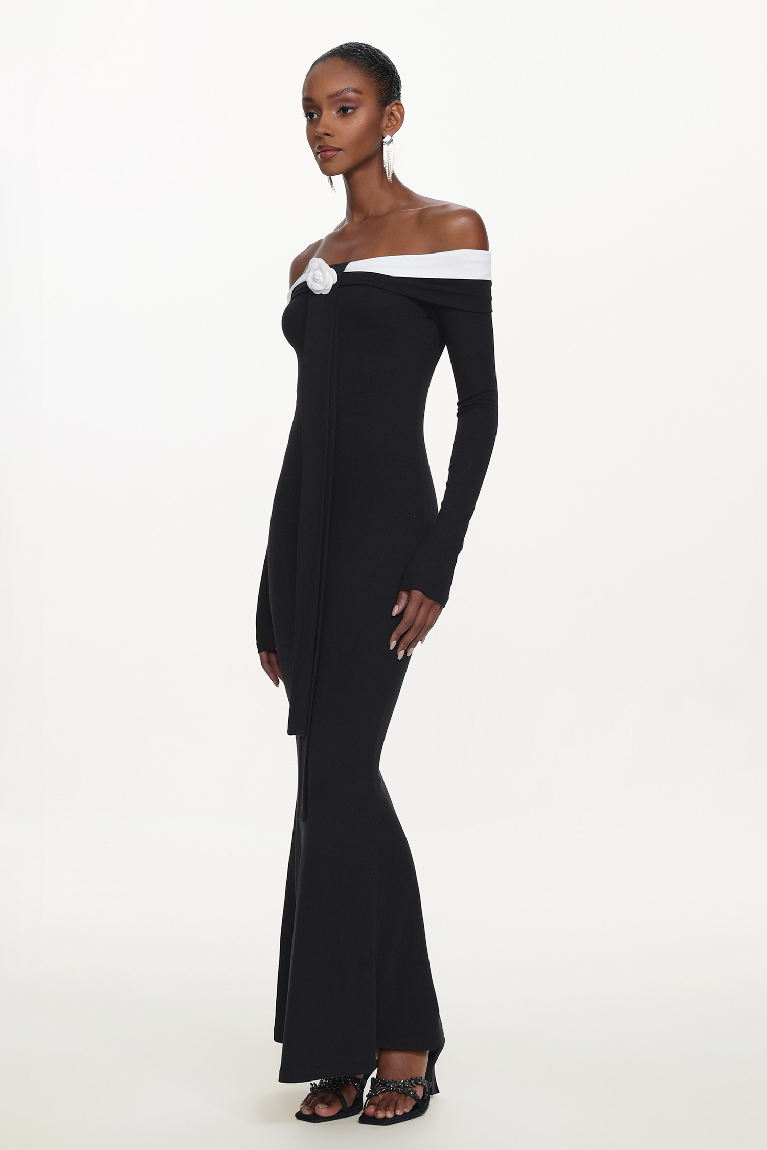 Glylah Elegant Contour Off Shoulder Long Sleeve Contrast Floral Maxi Dress