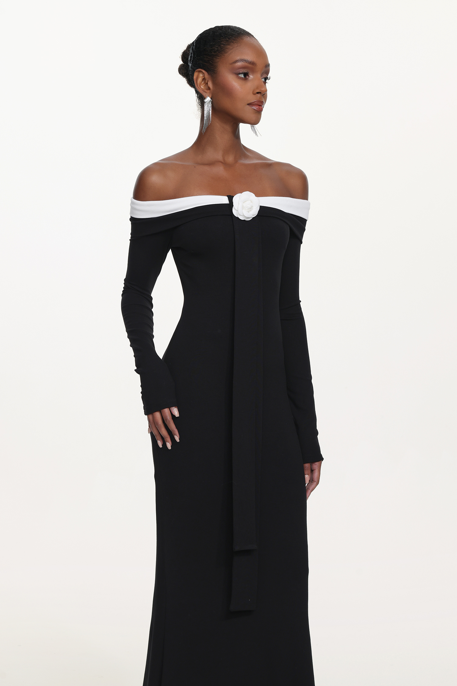 Glylah Elegant Contour Off Shoulder Long Sleeve Contrast Floral Maxi Dress