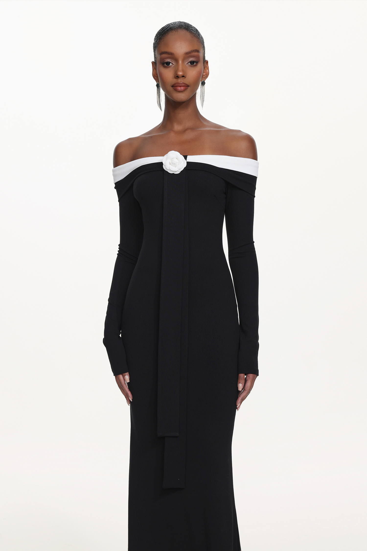 Glylah Elegant Contour Off Shoulder Long Sleeve Contrast Floral Maxi Dress