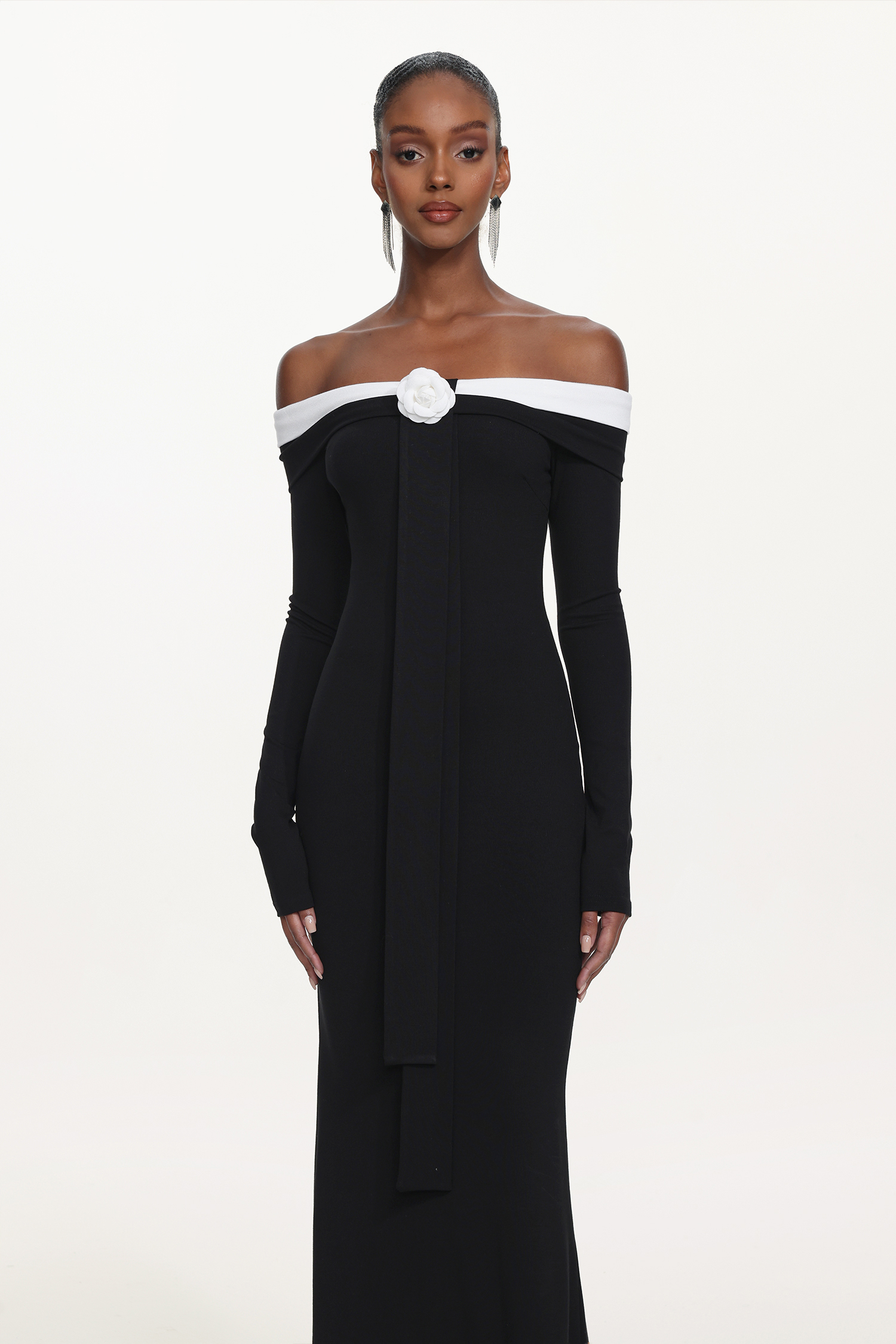 Glylah Elegant Contour Off Shoulder Long Sleeve Contrast Floral Maxi Dress