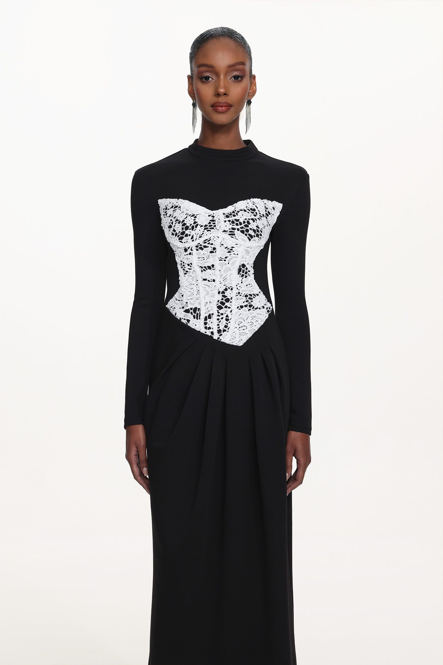 Laila Elegant Contour Long Sleeve Lace Panel Pleated Maxi Dress