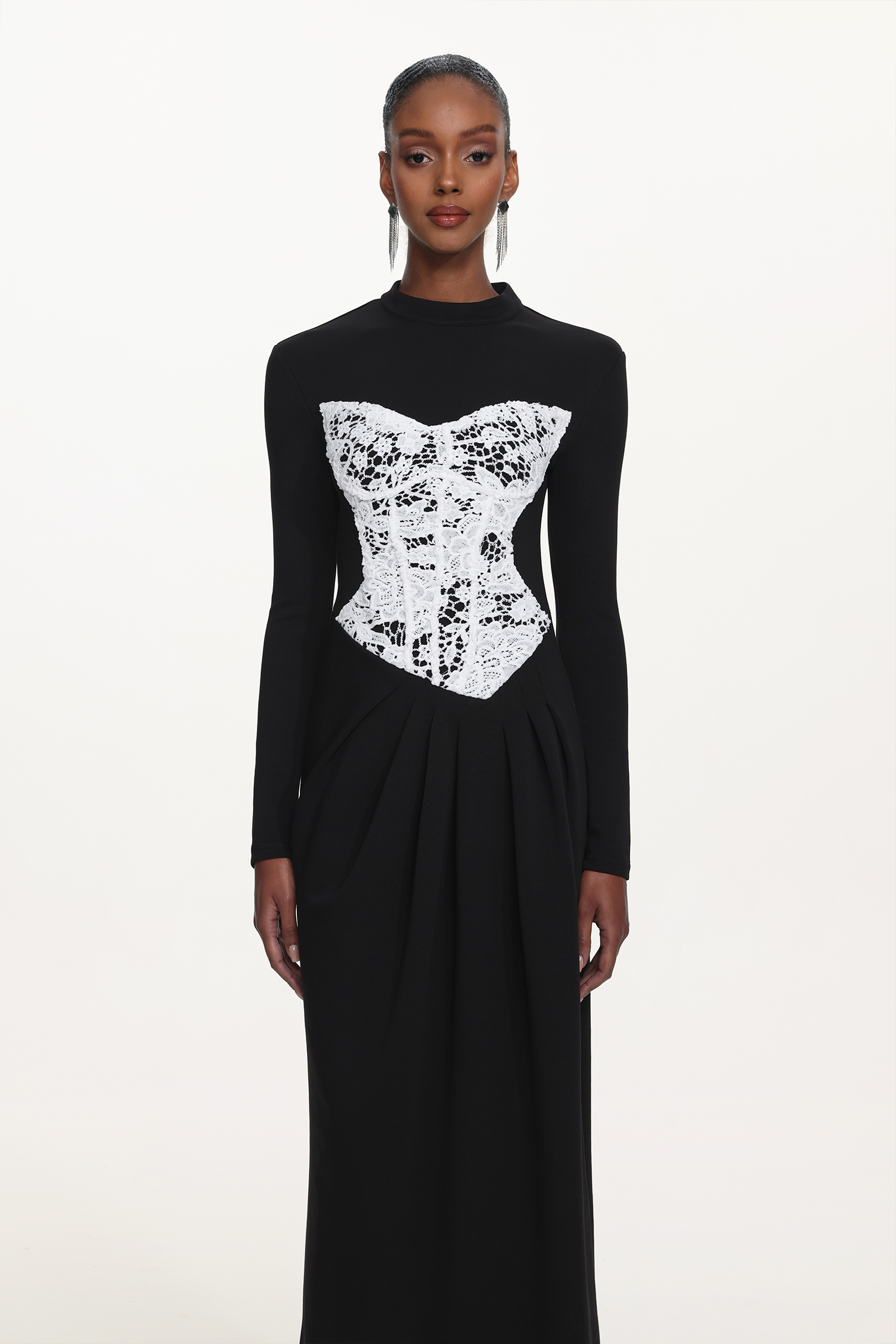 Laila Elegant Contour Long Sleeve Lace Panel Pleated Maxi Dress