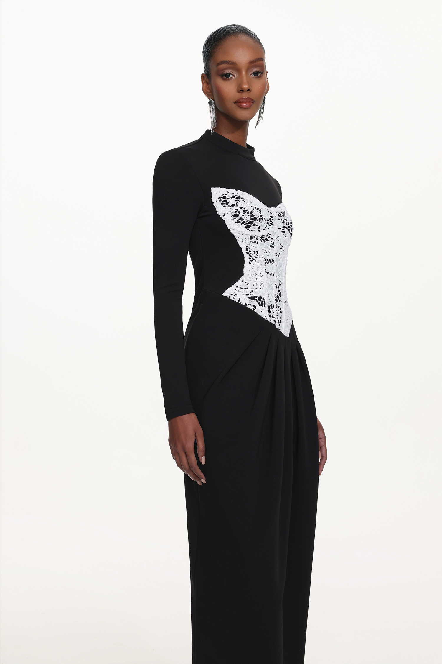 Laila Elegant Contour Long Sleeve Lace Panel Pleated Maxi Dress