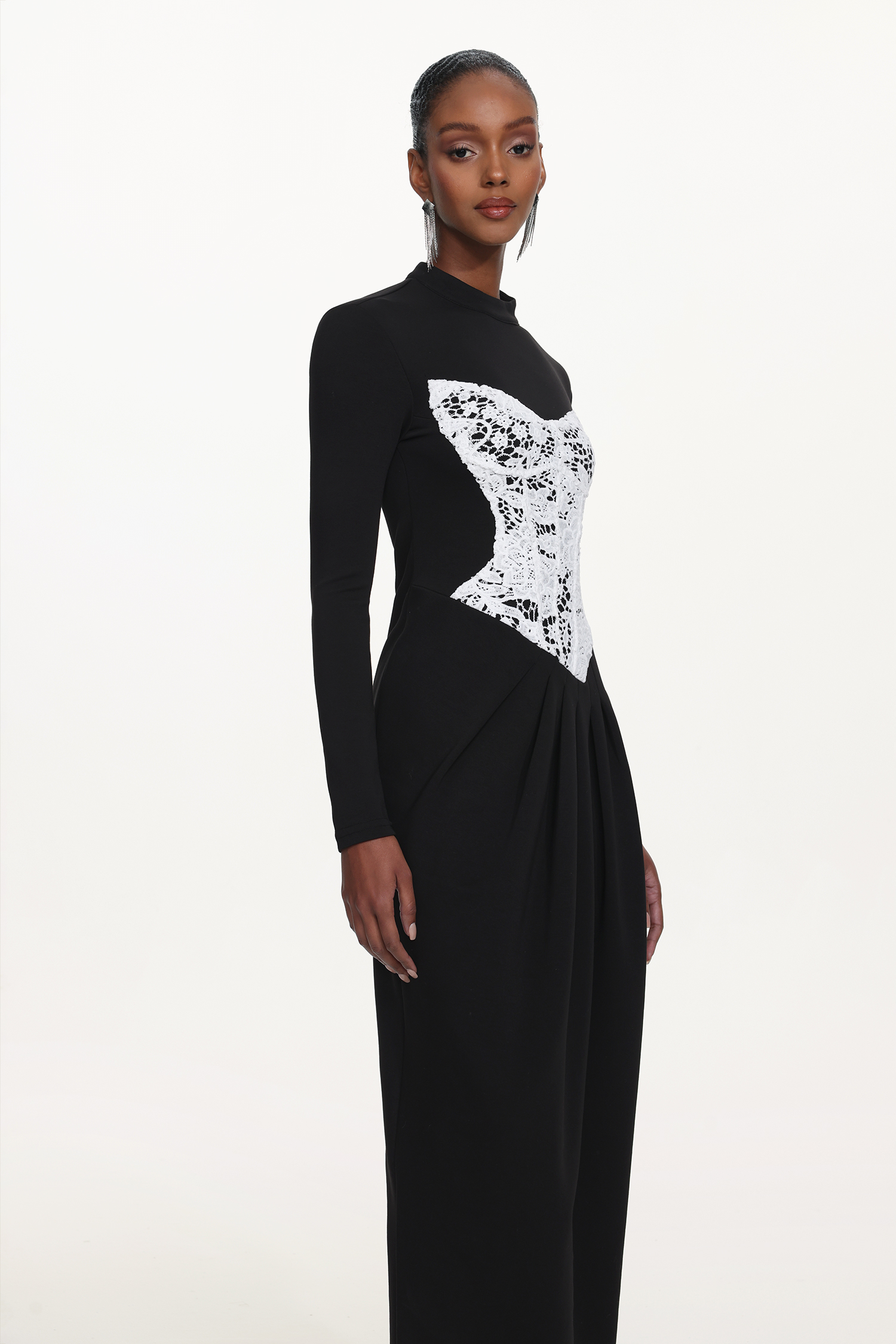 Laila Elegant Contour Long Sleeve Lace Panel Pleated Maxi Dress