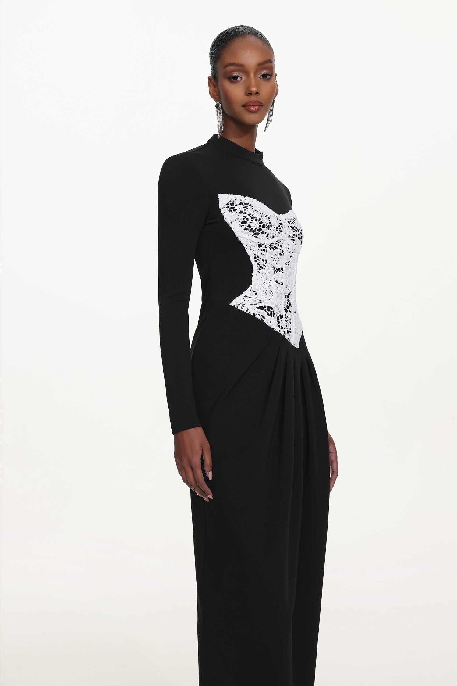 Laila Elegant Contour Long Sleeve Lace Panel Pleated Maxi Dress