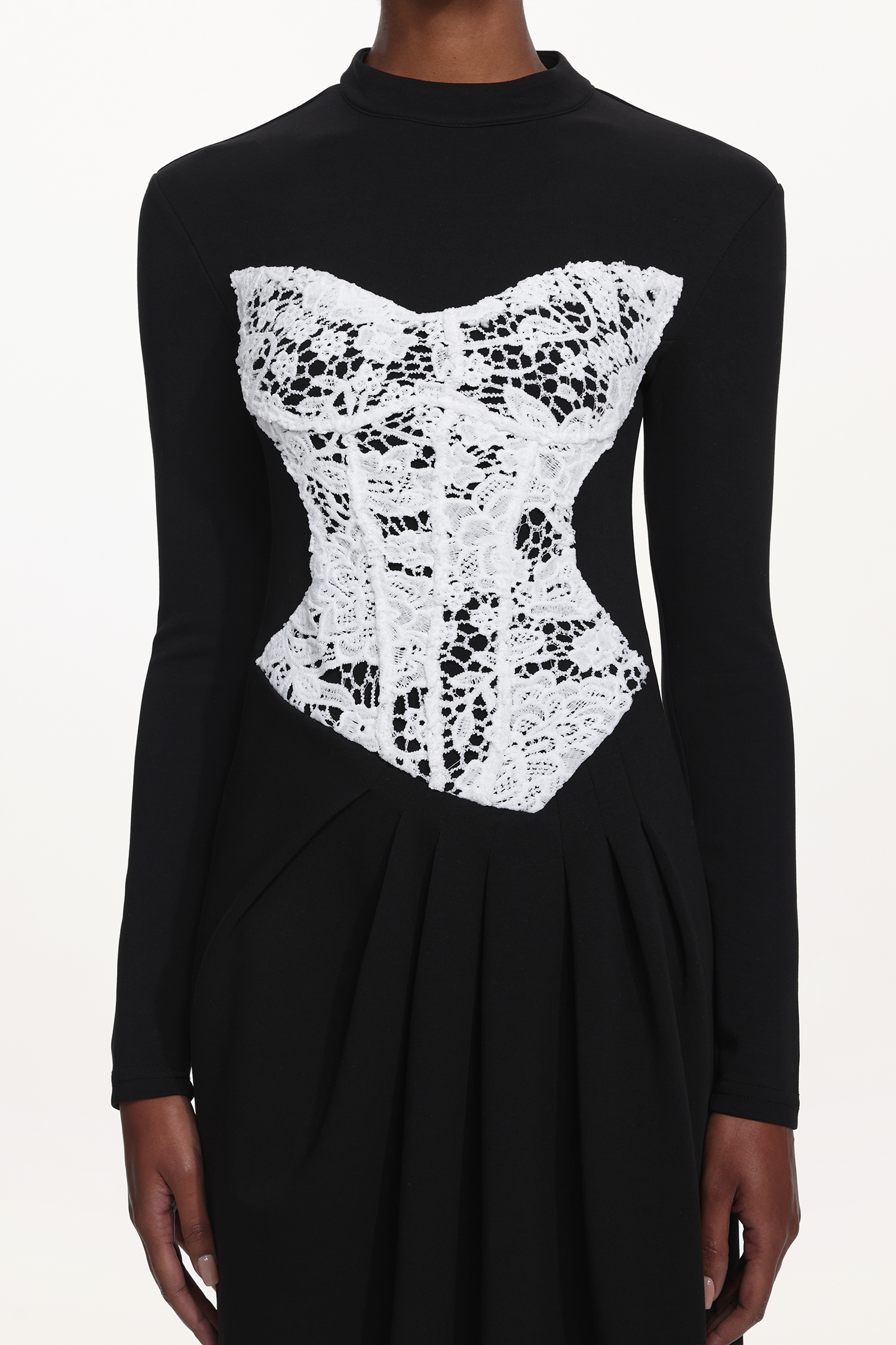 Laila Elegant Contour Long Sleeve Lace Panel Pleated Maxi Dress