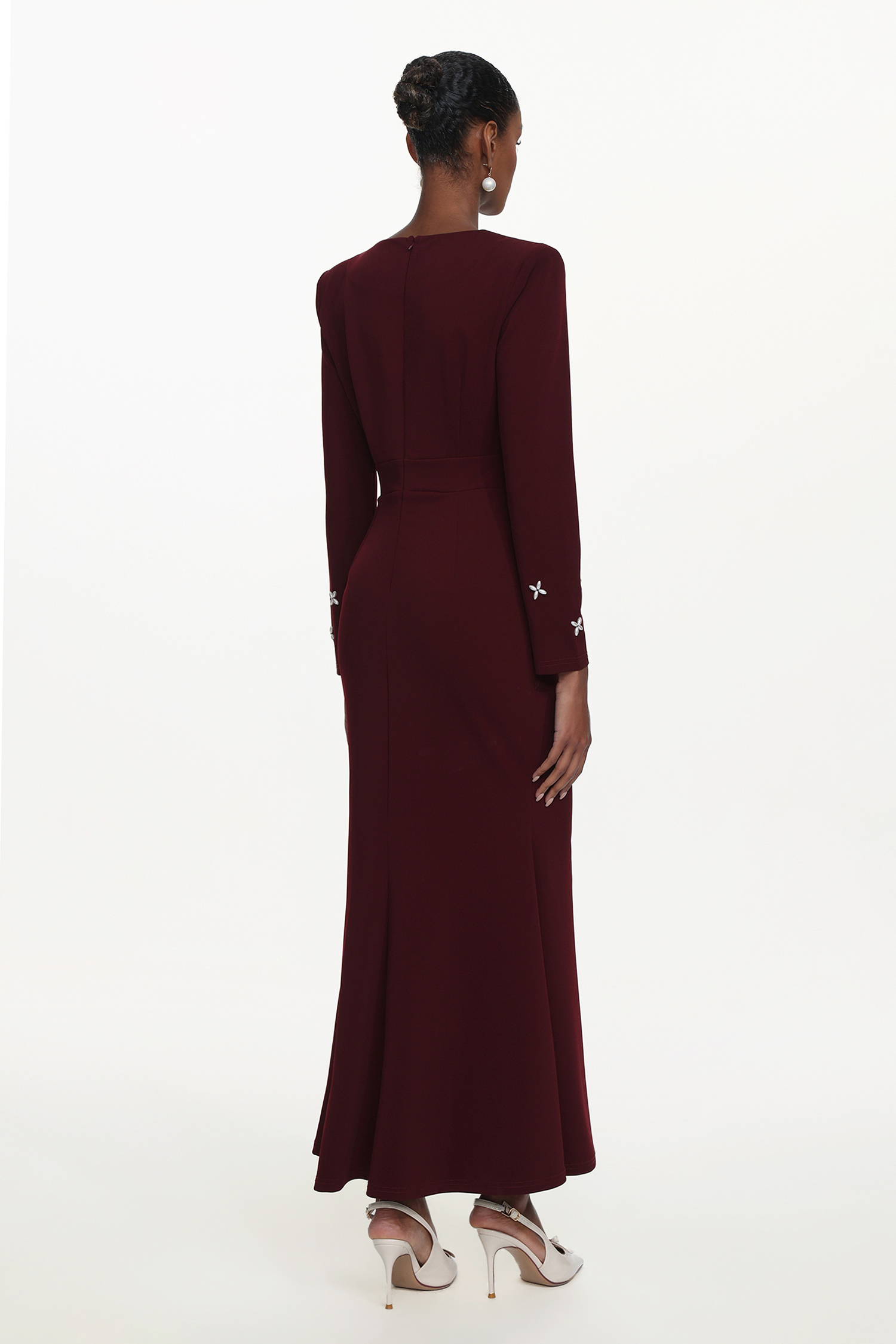 Romita Elegant Tailored V Neck Long Sleeve Pearl Maxi Dress