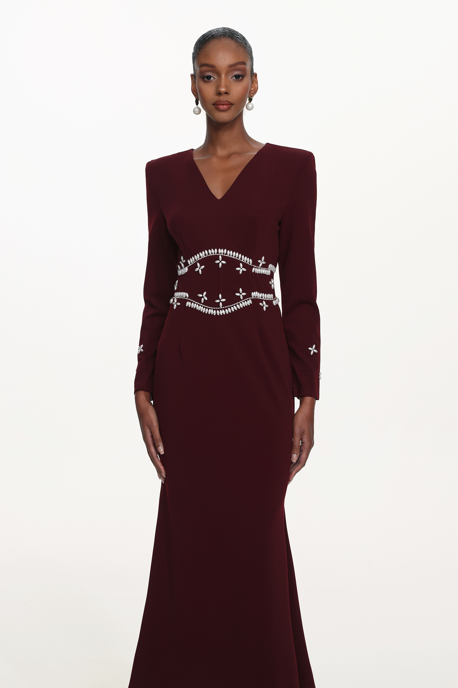 Romita Elegant Tailored V Neck Long Sleeve Pearl Maxi Dress