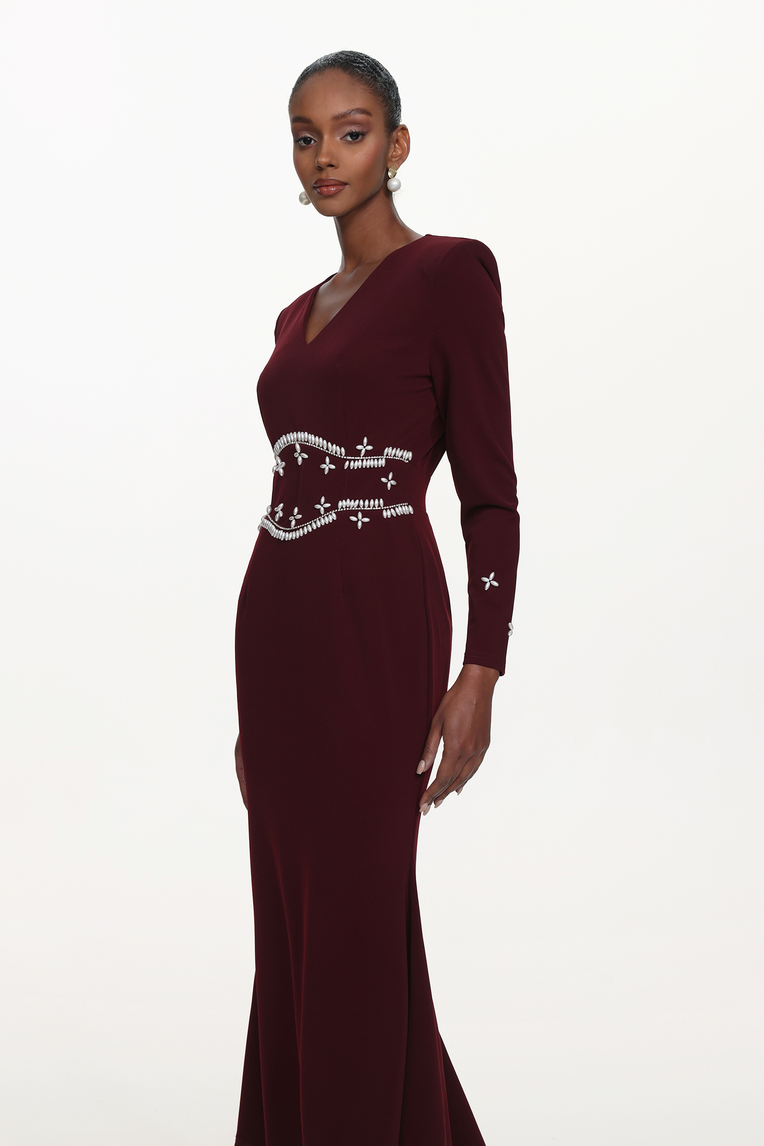 Romita Elegant Tailored V Neck Long Sleeve Pearl Maxi Dress
