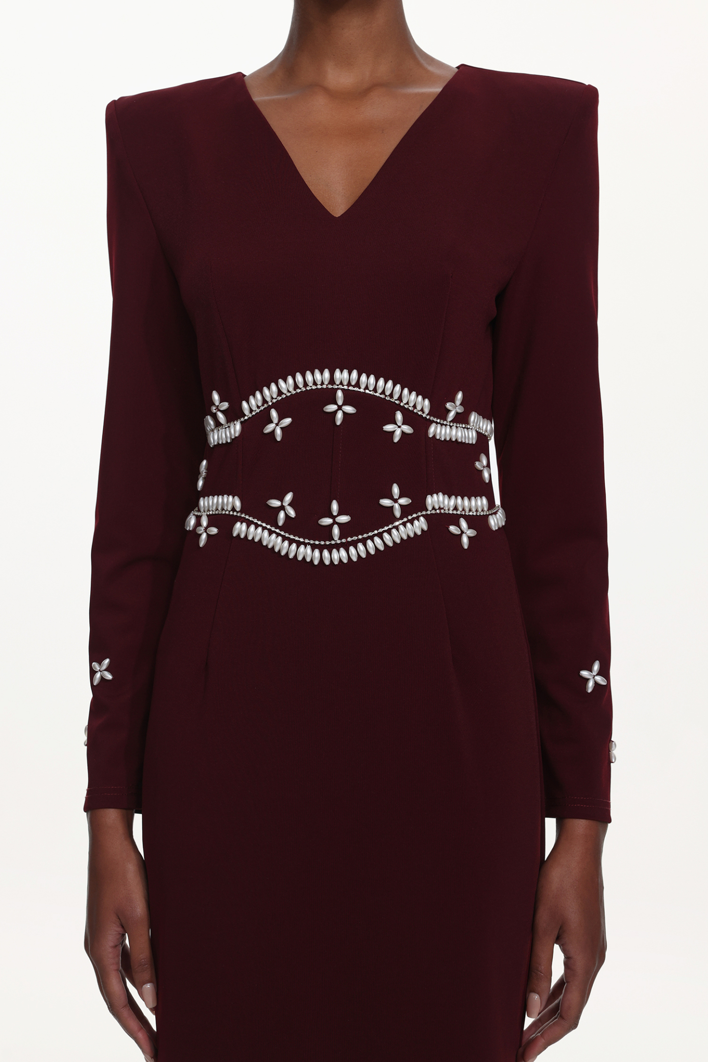 Romita Elegant Tailored V Neck Long Sleeve Pearl Maxi Dress