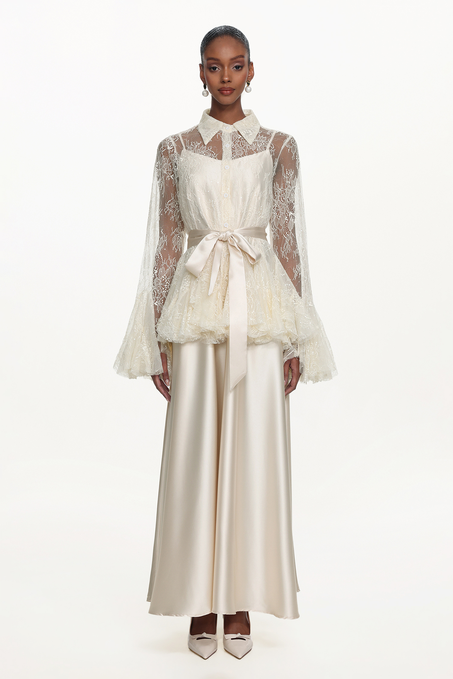 Diliy Romantic Flowy Long Sleeve Lace Shirt and Satin Dress Set