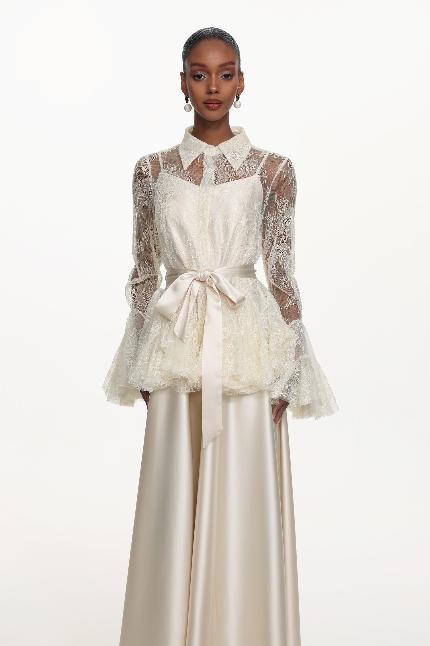 Diliy Romantic Flowy Long Sleeve Lace Shirt and Satin Dress Set