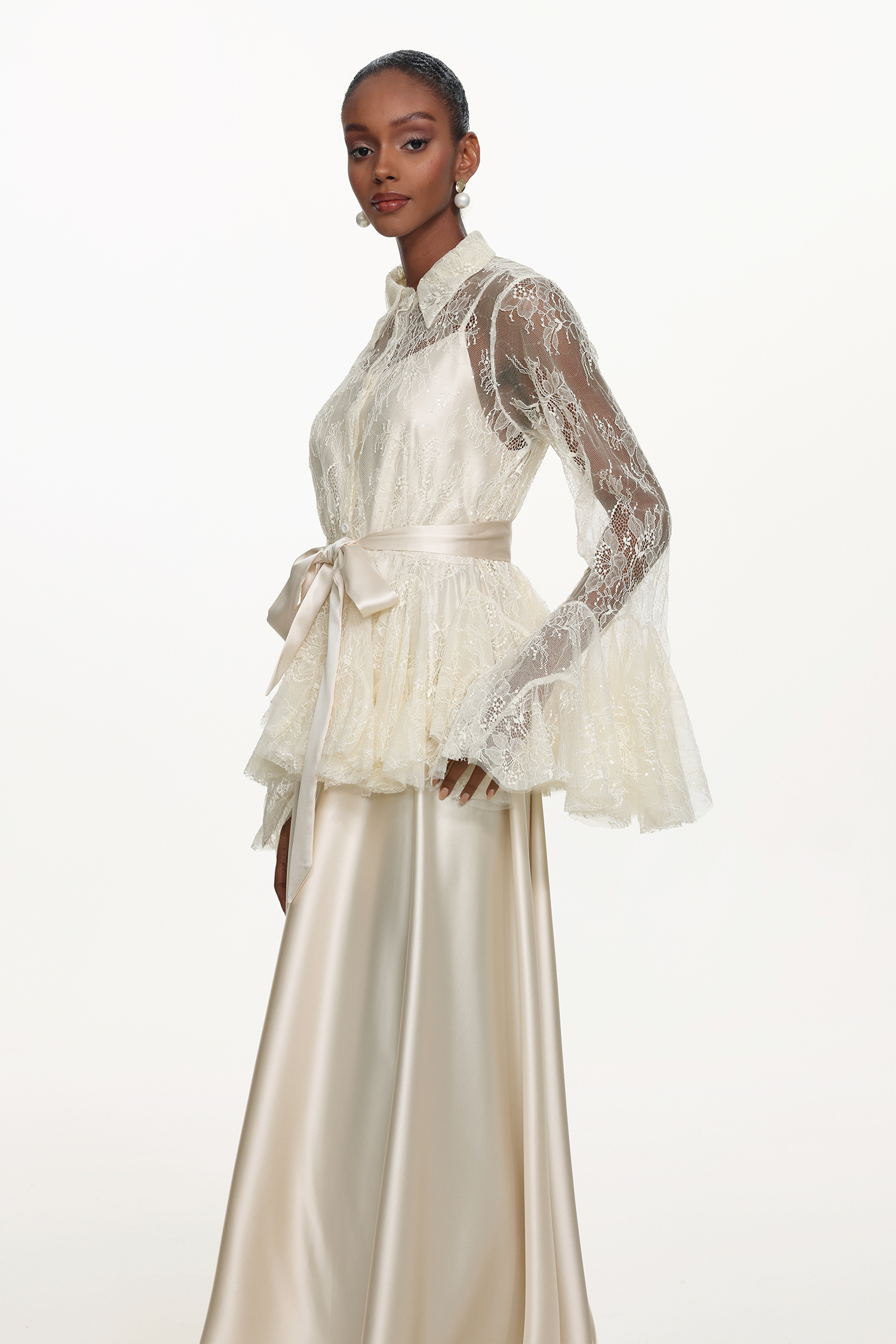 Diliy Romantic Flowy Long Sleeve Lace Shirt and Satin Dress Set