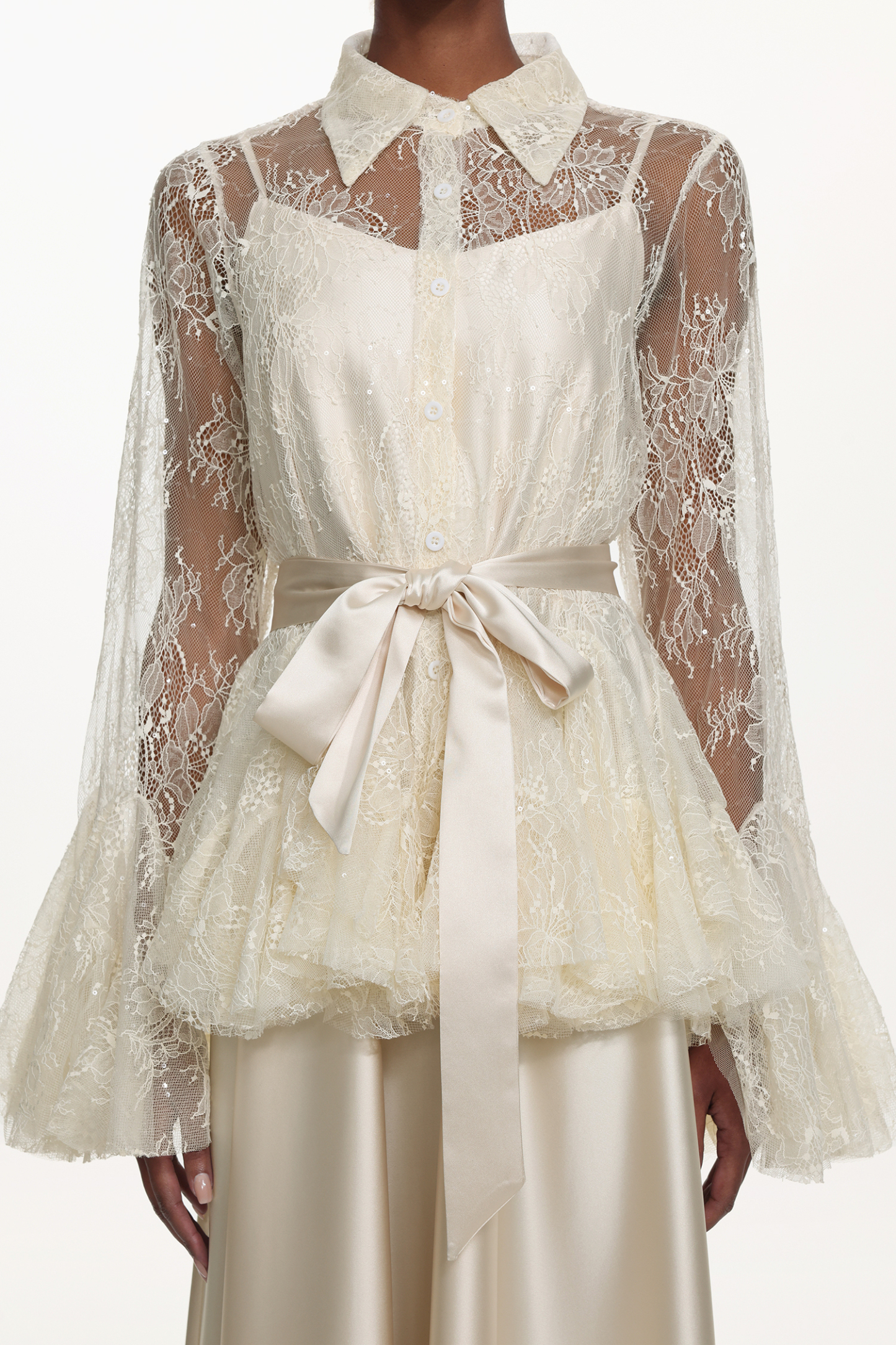 Diliy Romantic Flowy Long Sleeve Lace Shirt and Satin Dress Set