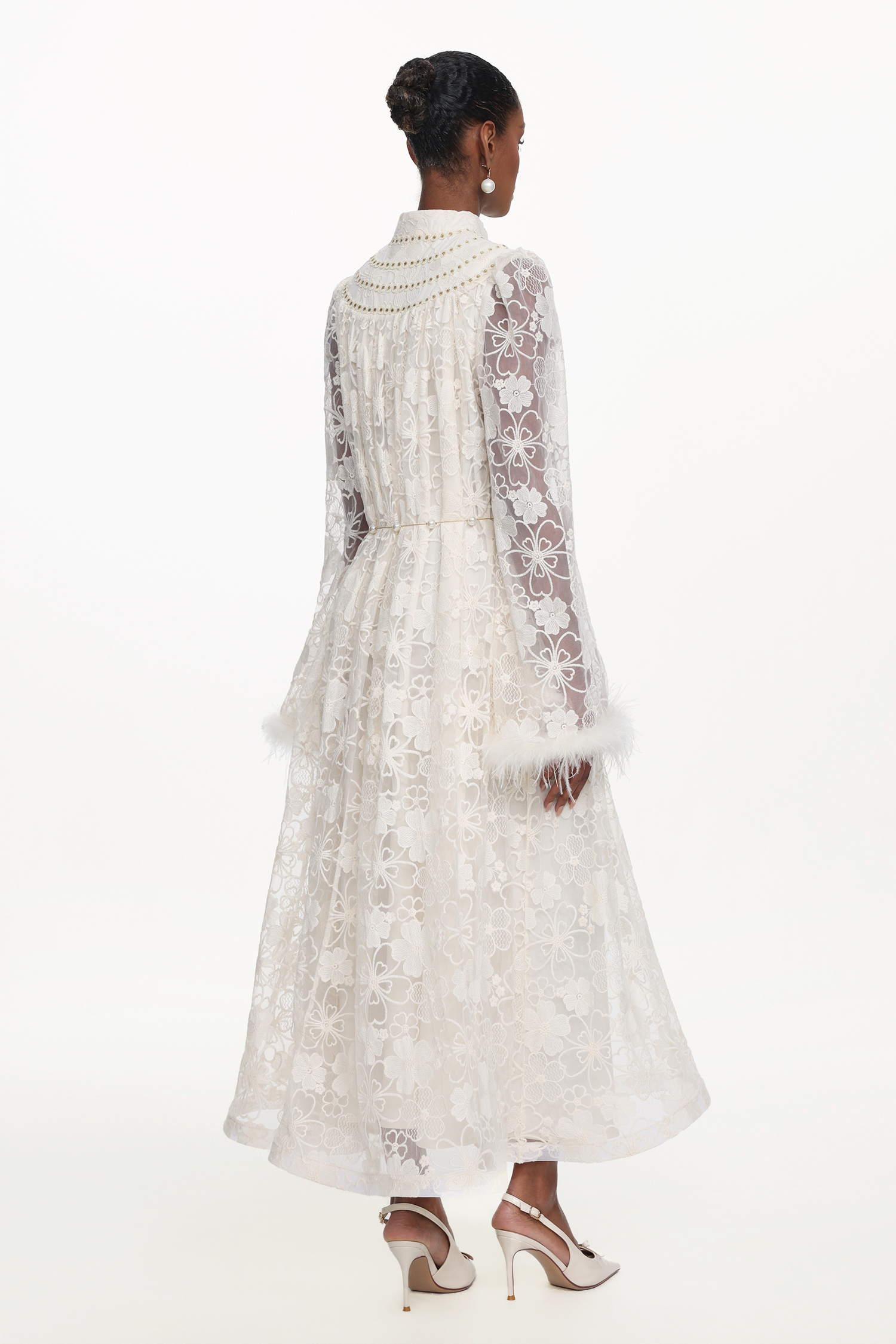 Zilpah Elegant Flowy Long Sleeve Feather Floral Lace Maxi Dress