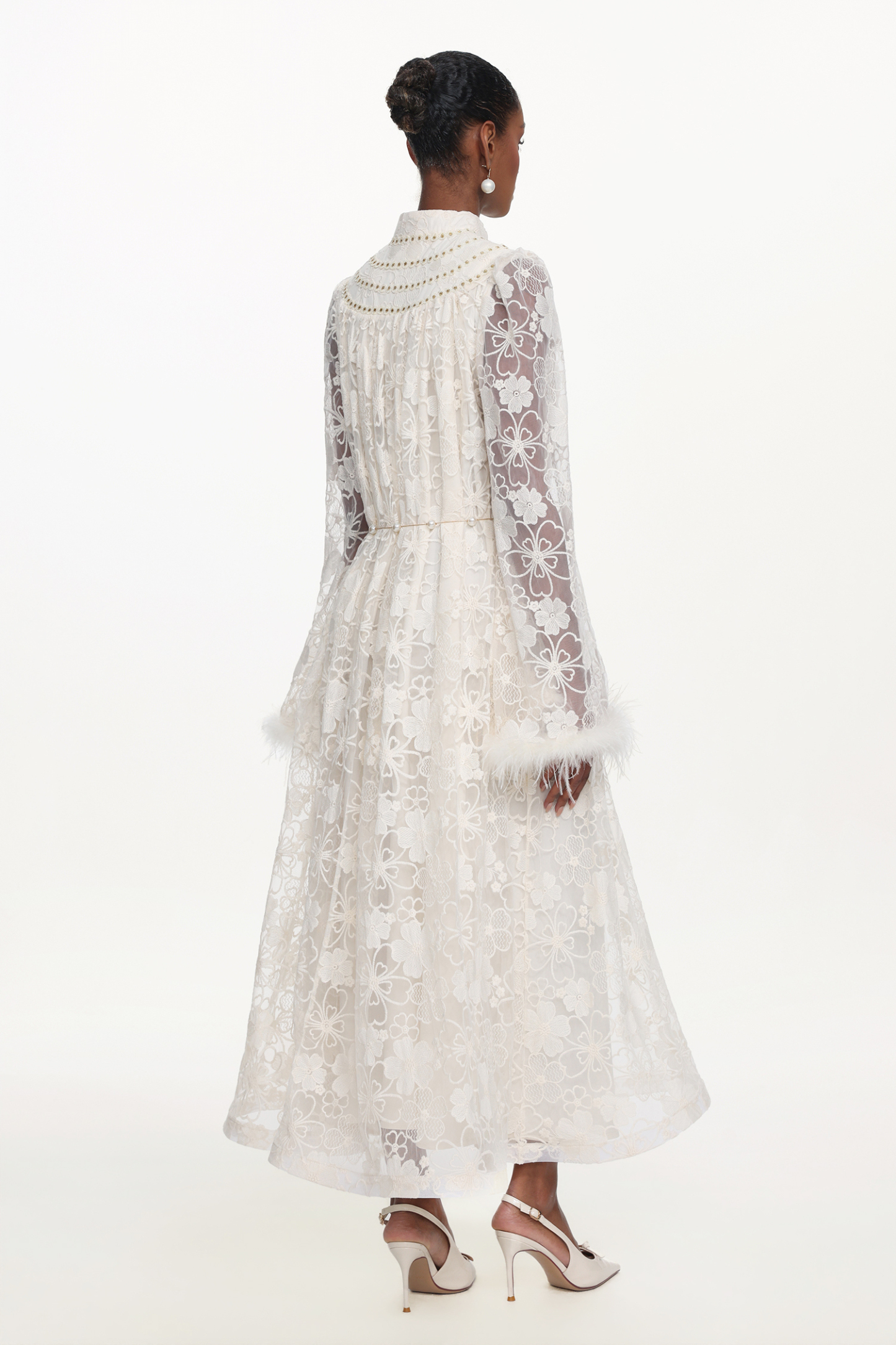 Zilpah Elegant Flowy Long Sleeve Feather Floral Lace Maxi Dress