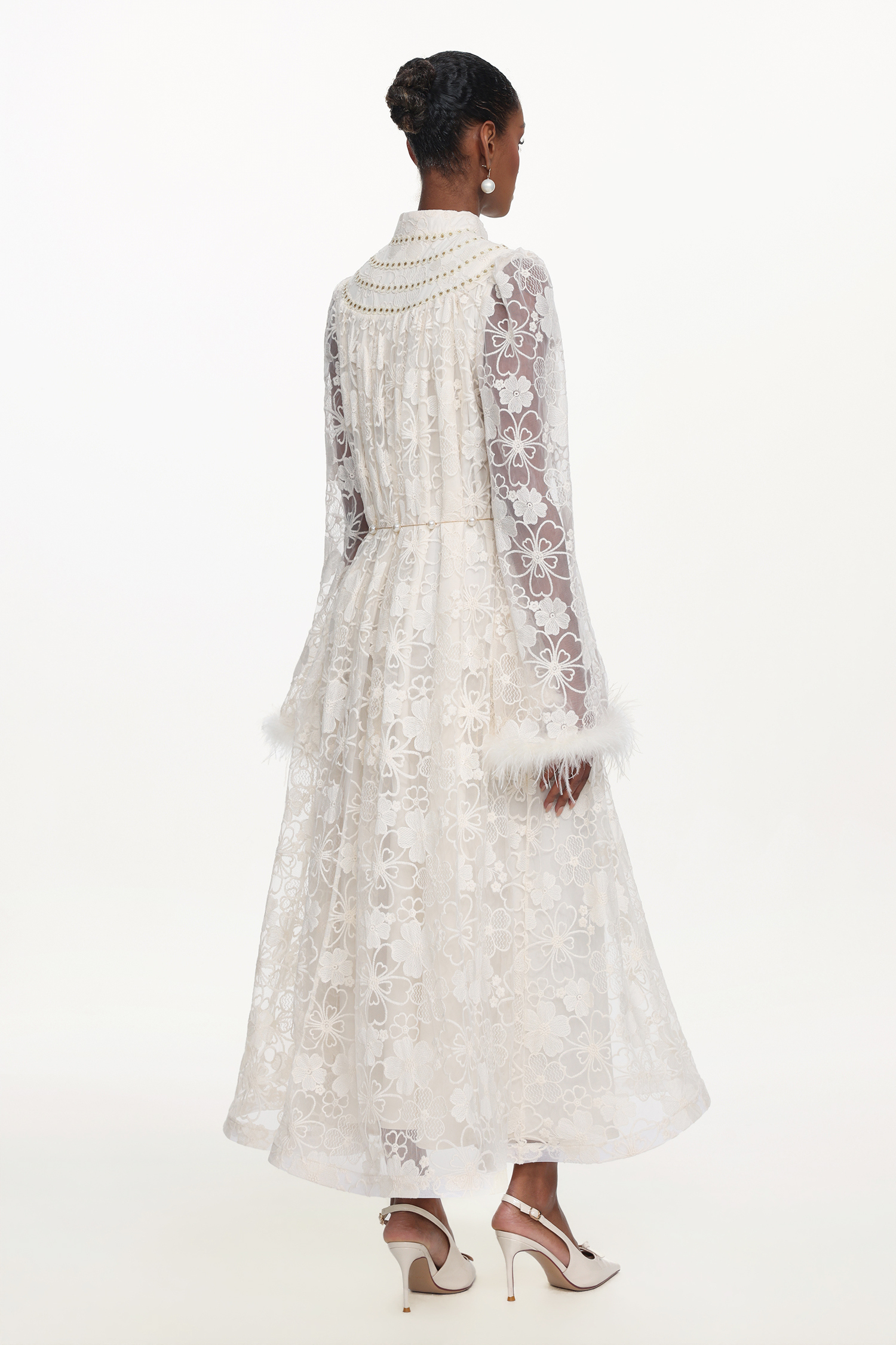 Zilpah Elegant Flowy Long Sleeve Feather Floral Lace Maxi Dress