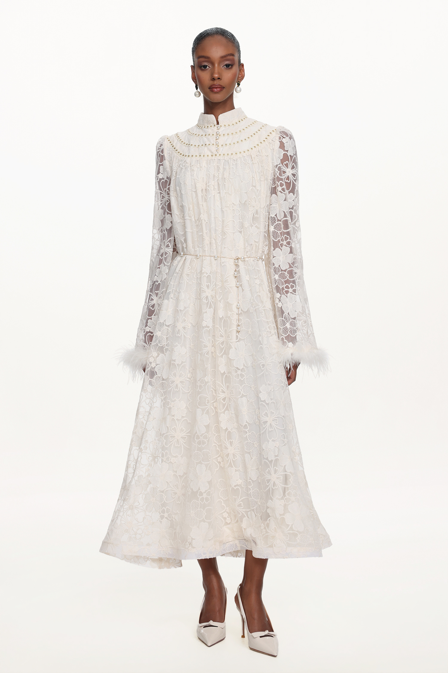 Zilpah Elegant Flowy Long Sleeve Feather Floral Lace Maxi Dress