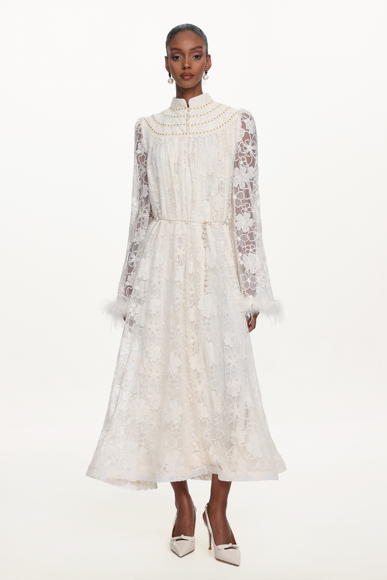 Zilpah Elegant Flowy Long Sleeve Feather Floral Lace Maxi Dress