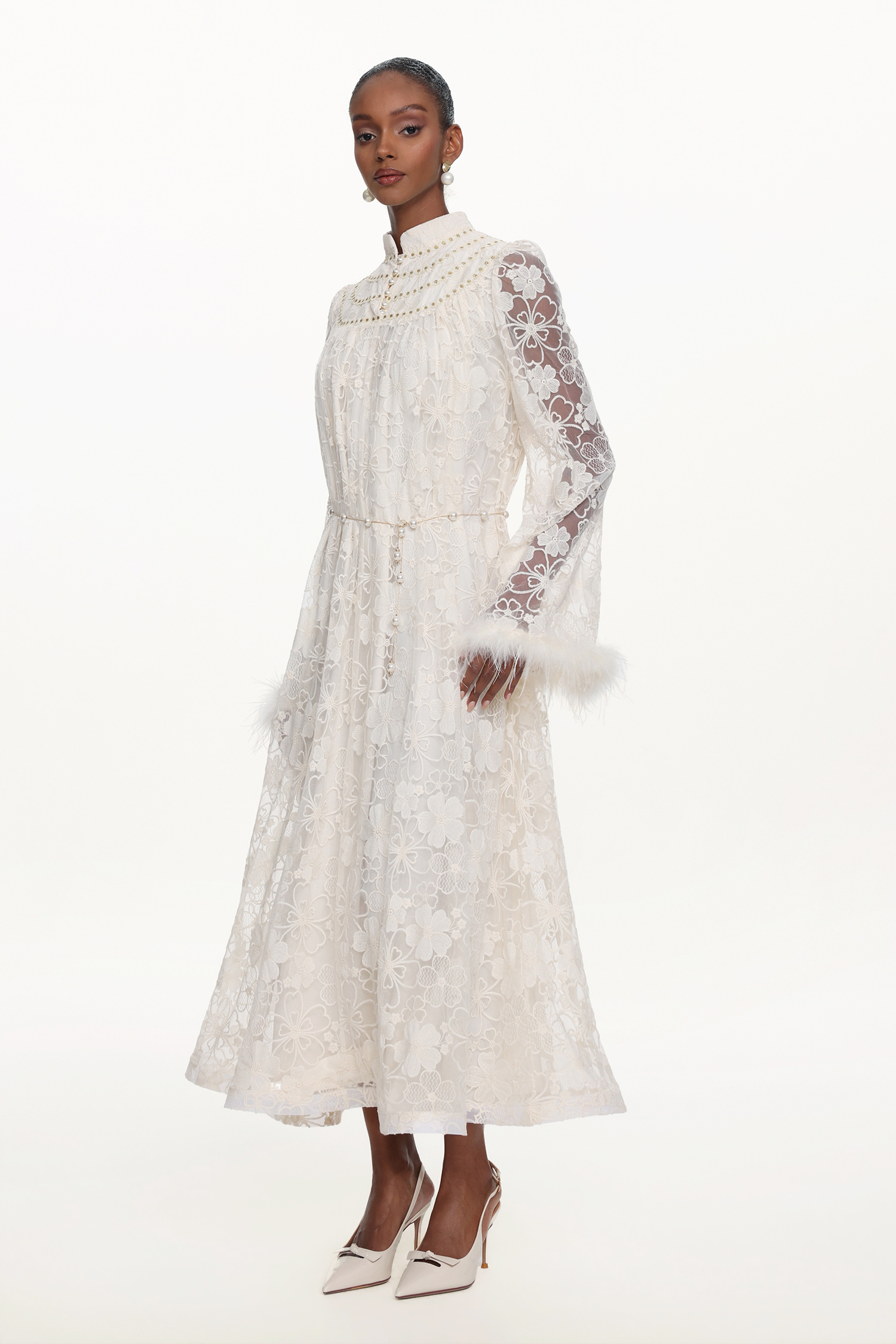 Zilpah Elegant Flowy Long Sleeve Feather Floral Lace Maxi Dress