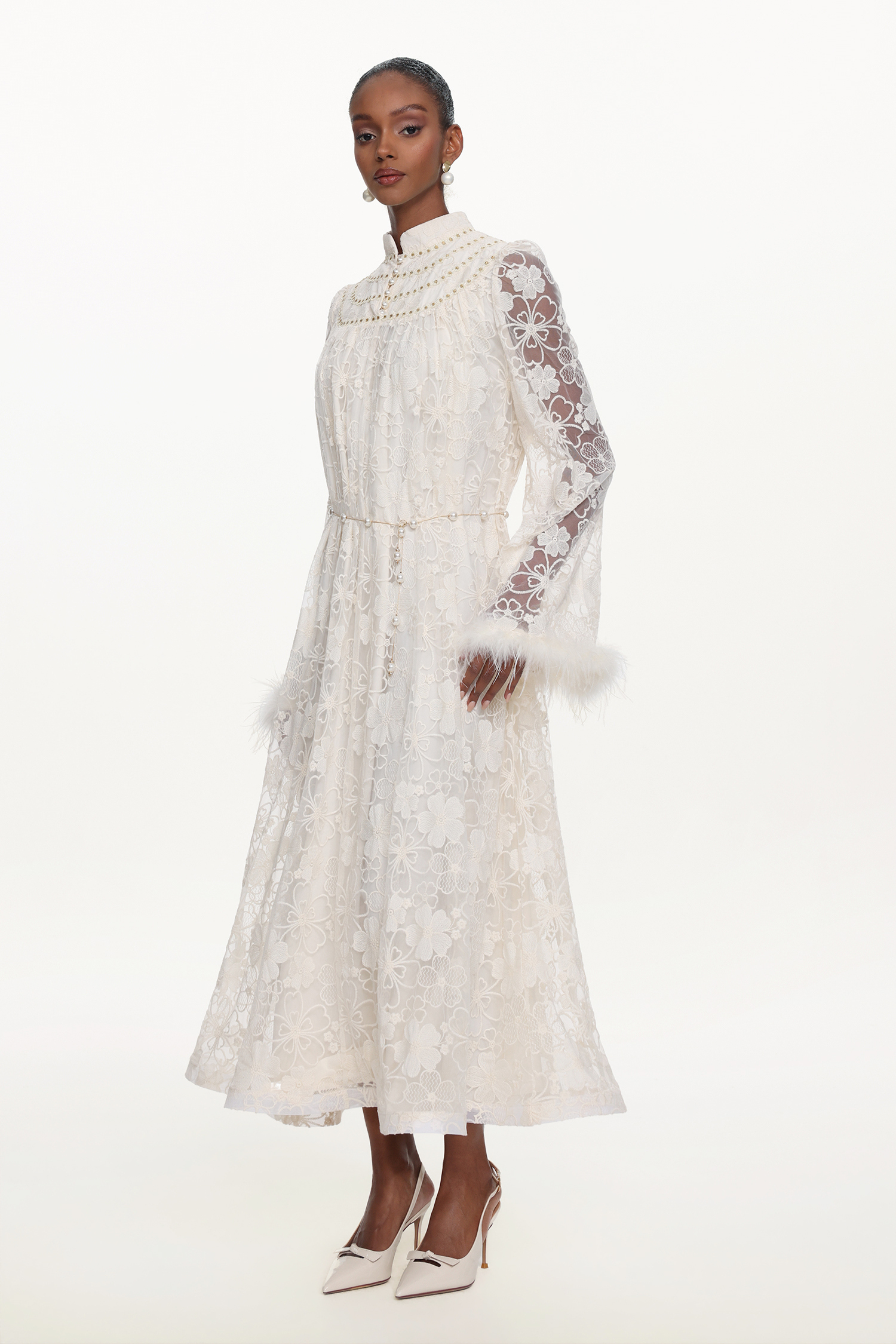 Zilpah Elegant Flowy Long Sleeve Feather Floral Lace Maxi Dress