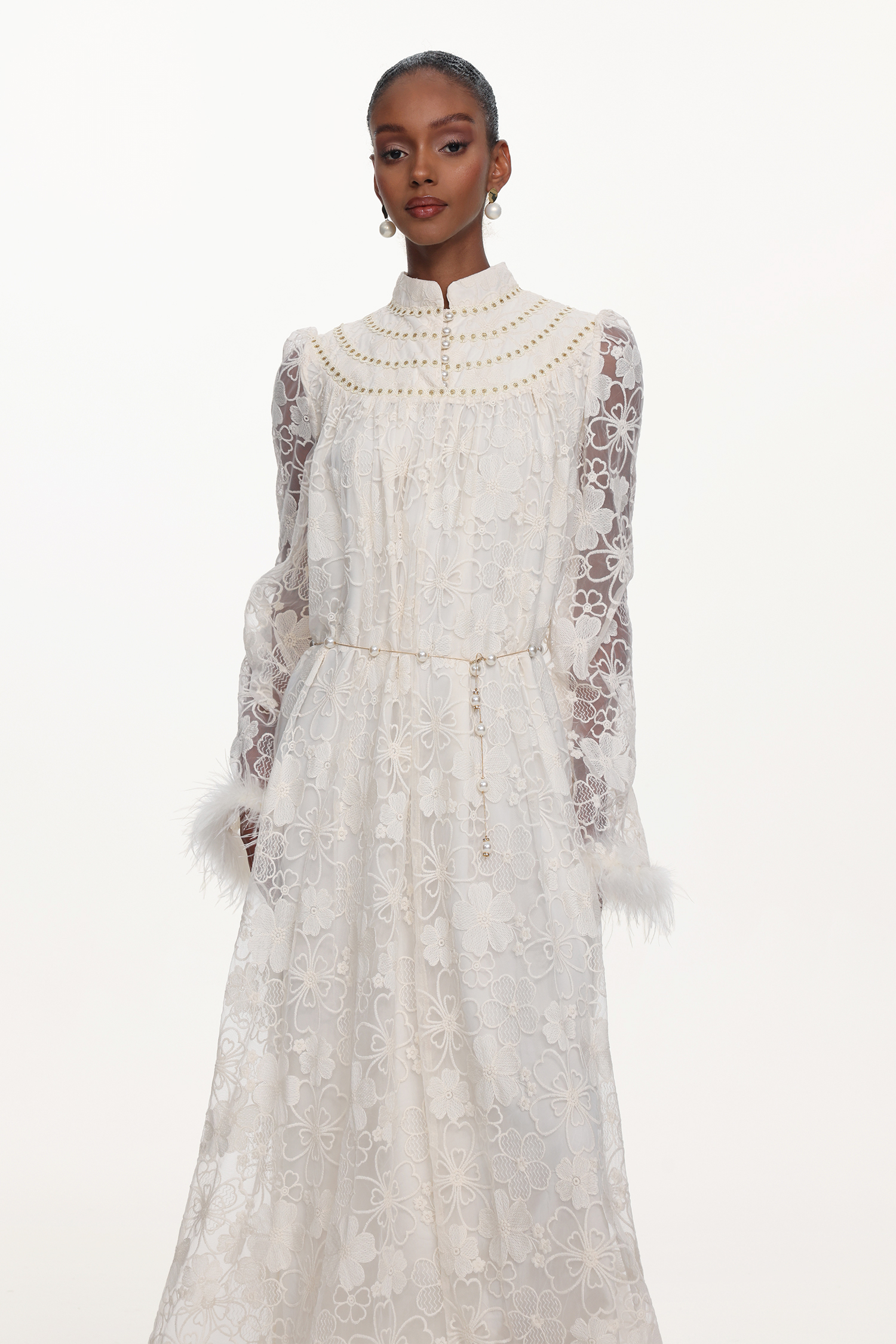 Zilpah Elegant Flowy Long Sleeve Feather Floral Lace Maxi Dress