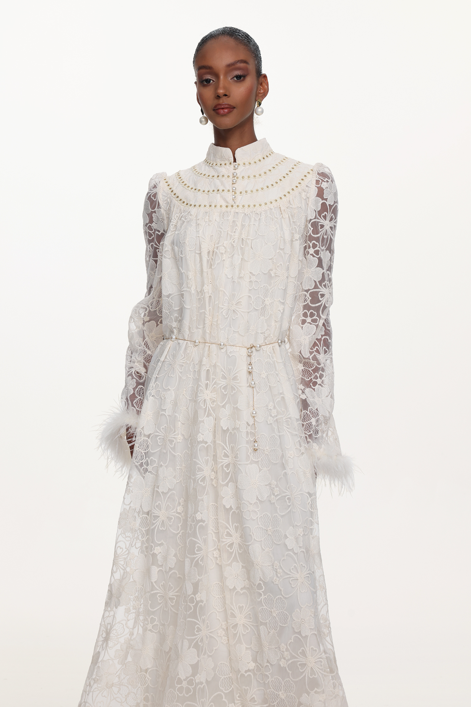 Zilpah Elegant Flowy Long Sleeve Feather Floral Lace Maxi Dress