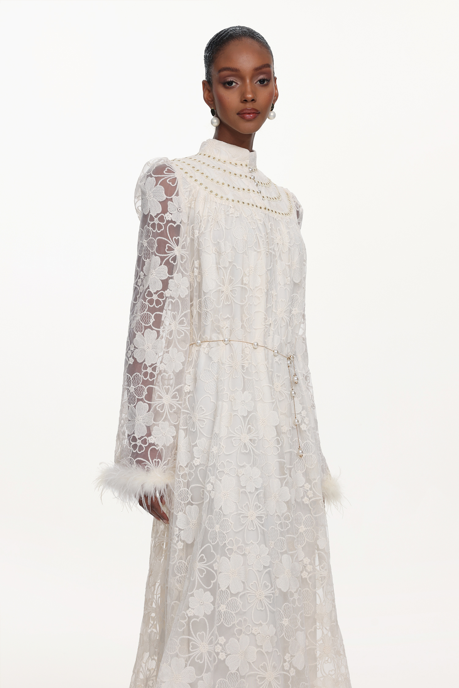 Zilpah Elegant Flowy Long Sleeve Feather Floral Lace Maxi Dress