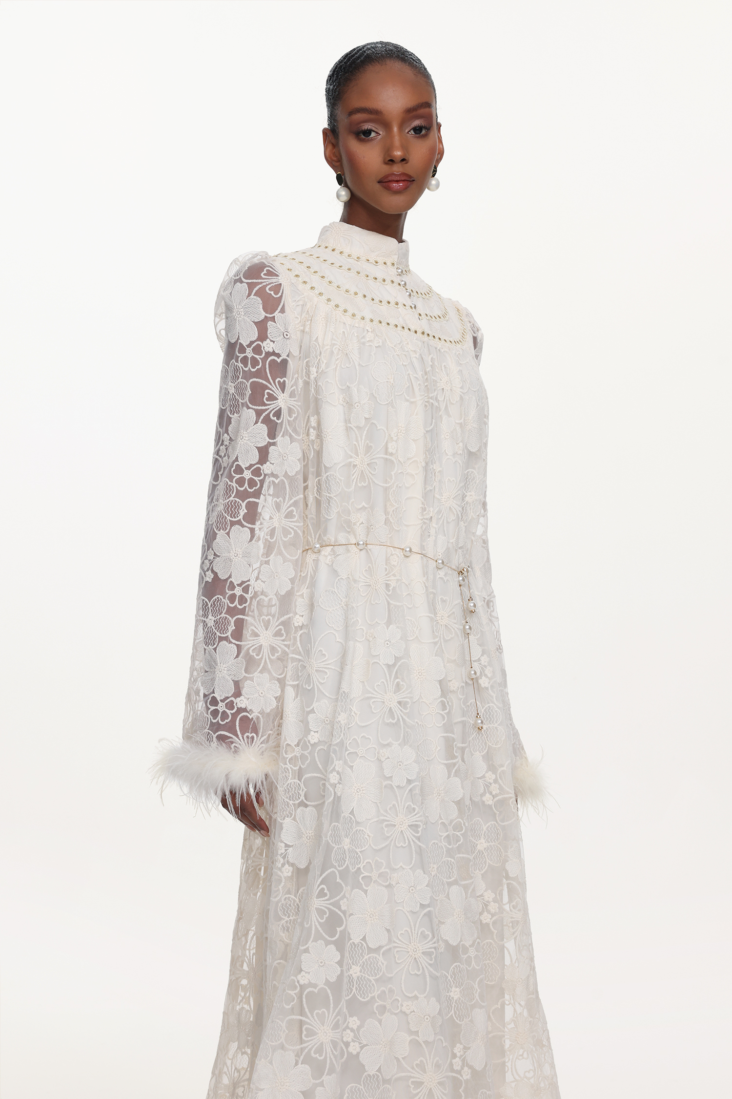 Zilpah Elegant Flowy Long Sleeve Feather Floral Lace Maxi Dress