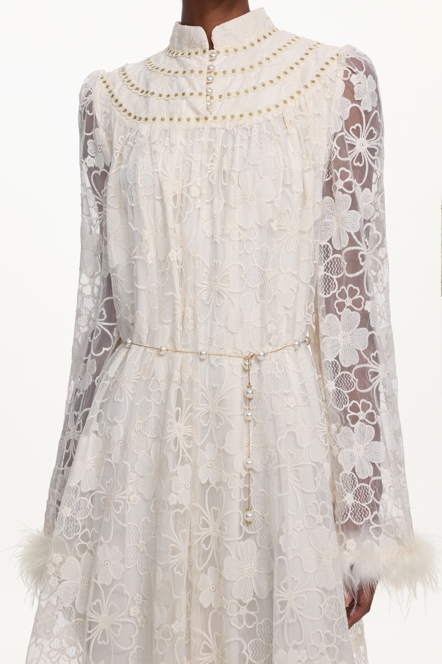 Zilpah Elegant Flowy Long Sleeve Feather Floral Lace Maxi Dress