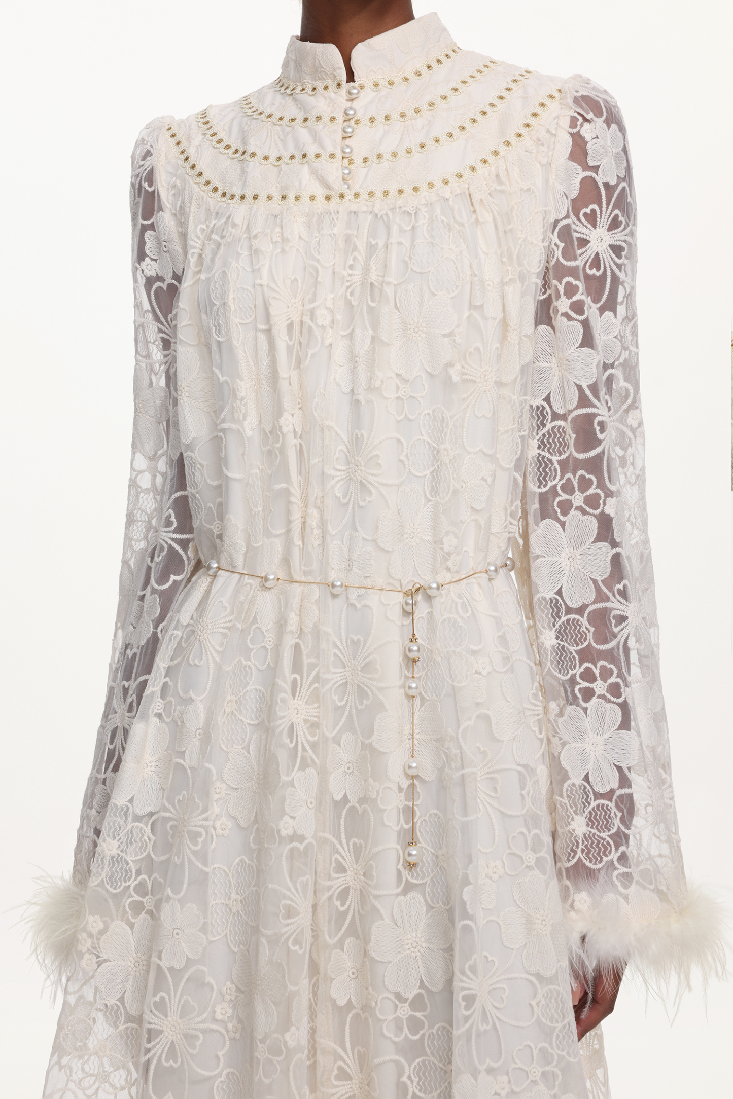 Zilpah Elegant Flowy Long Sleeve Feather Floral Lace Maxi Dress