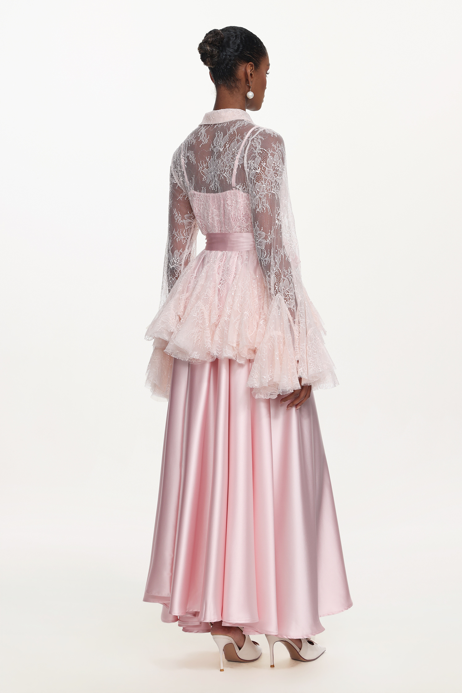 Diliy Romantic Flowy Long Sleeve Lace Shirt and Satin Dress Set