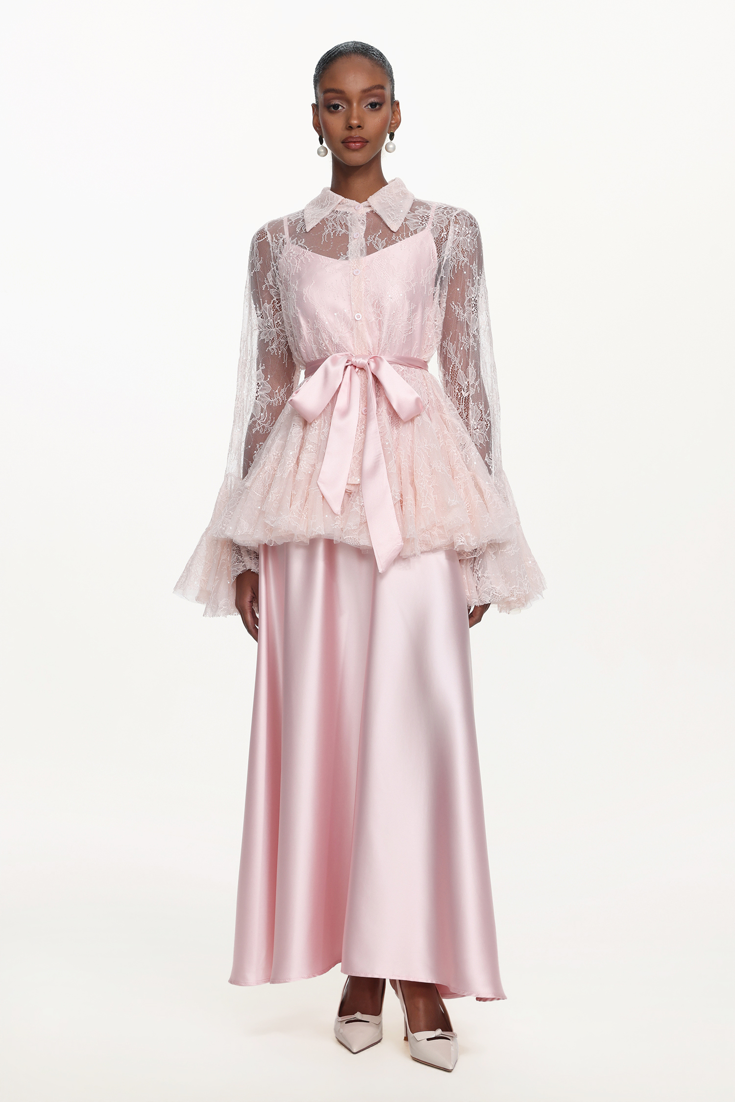 Diliy Romantic Flowy Long Sleeve Lace Shirt and Satin Dress Set