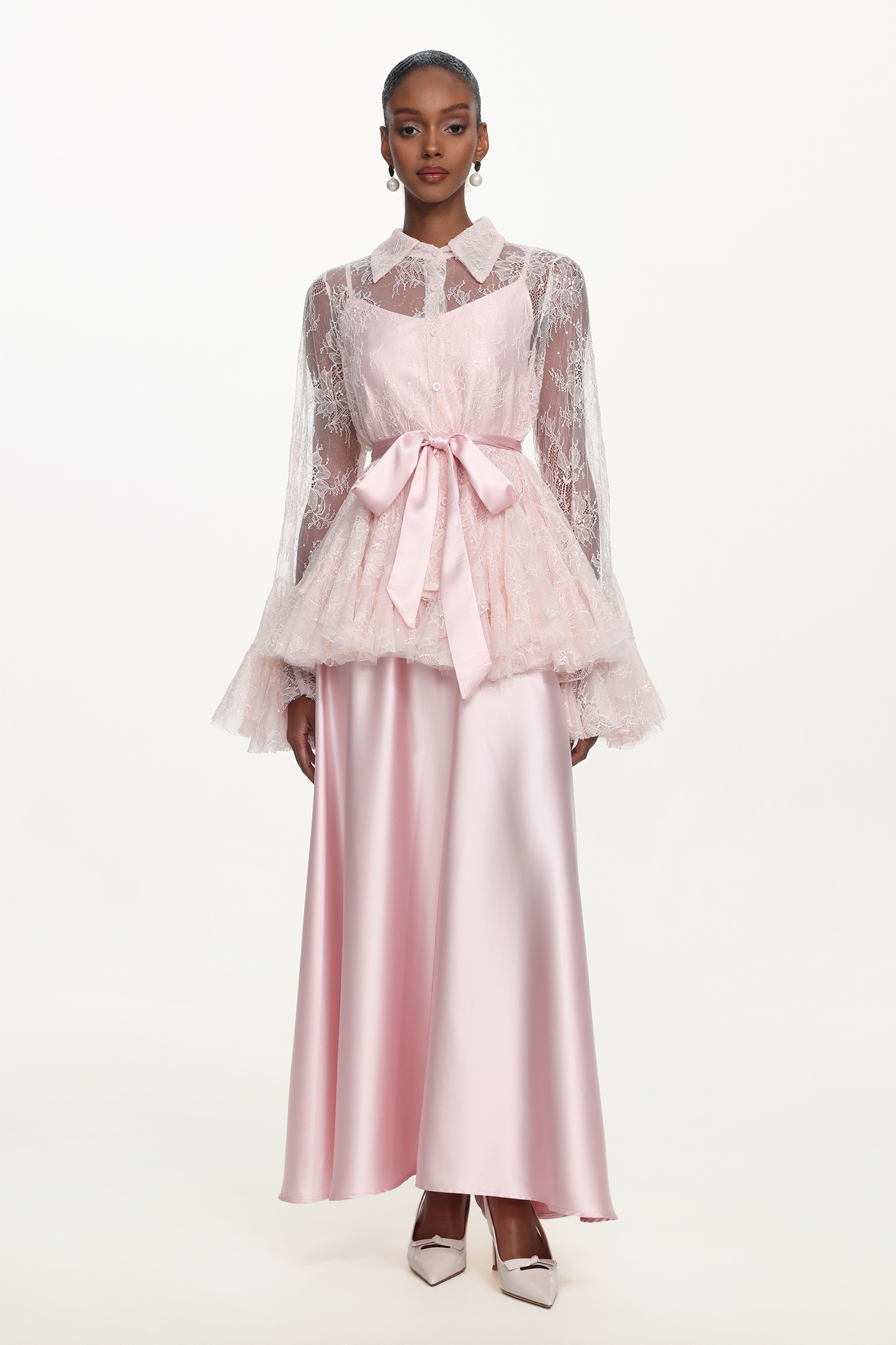 Diliy Romantic Flowy Long Sleeve Lace Shirt and Satin Dress Set