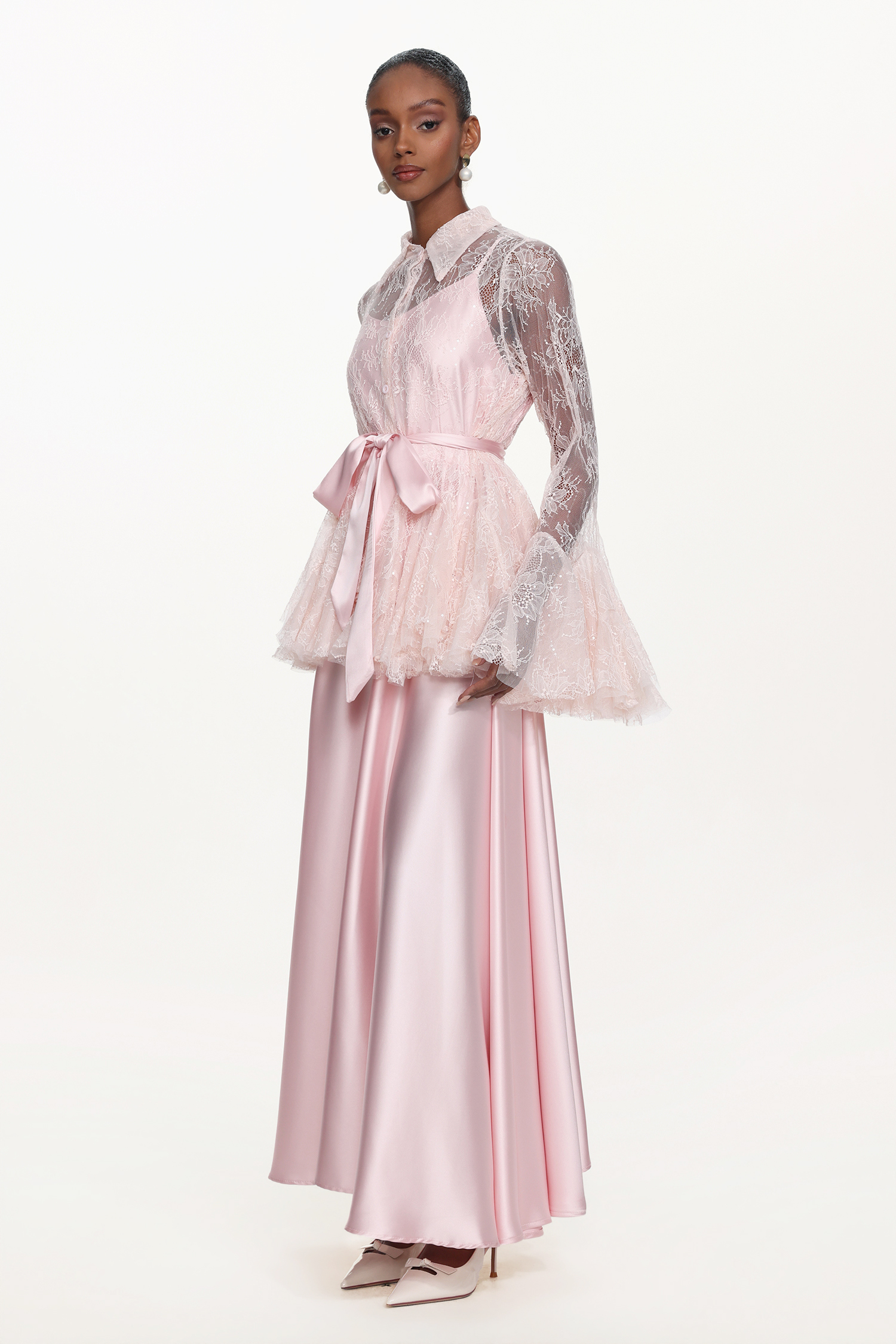 Diliy Romantic Flowy Long Sleeve Lace Shirt and Satin Dress Set