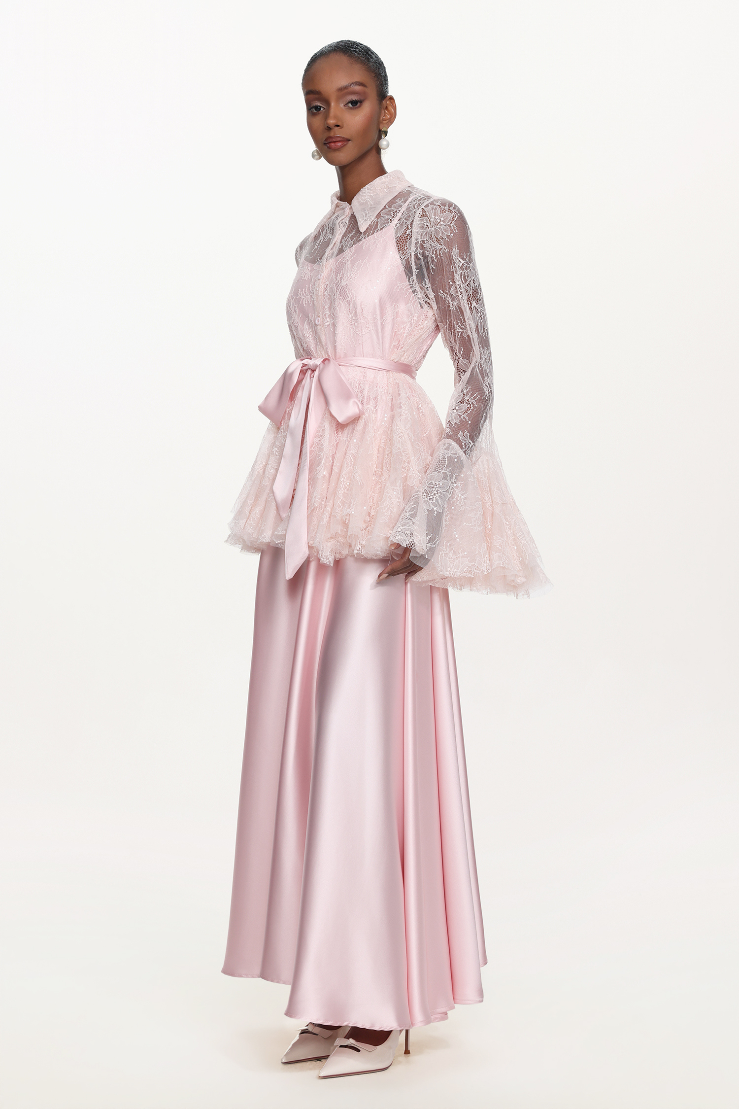 Diliy Romantic Flowy Long Sleeve Lace Shirt and Satin Dress Set