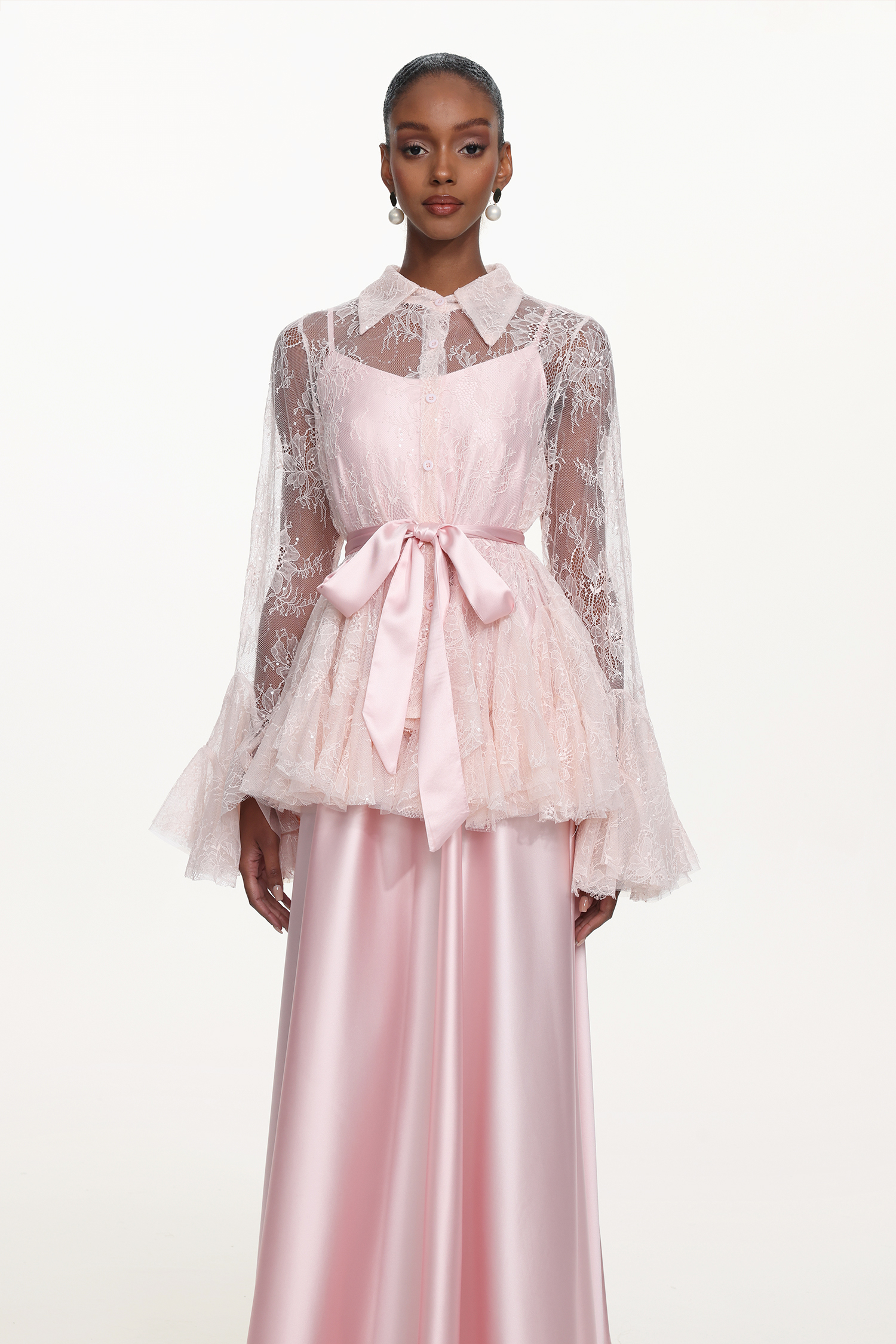 Diliy Romantic Flowy Long Sleeve Lace Shirt and Satin Dress Set