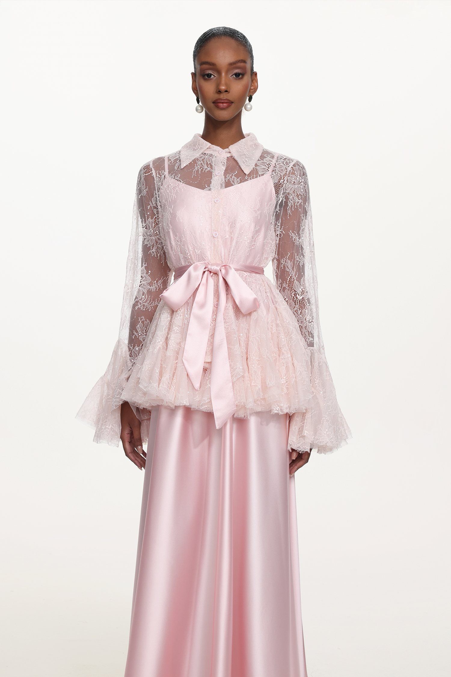 Diliy Romantic Flowy Long Sleeve Lace Shirt and Satin Dress Set