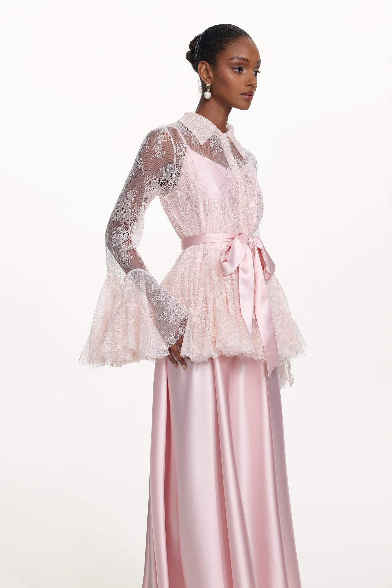 Diliy Romantic Flowy Long Sleeve Lace Shirt and Satin Dress Set