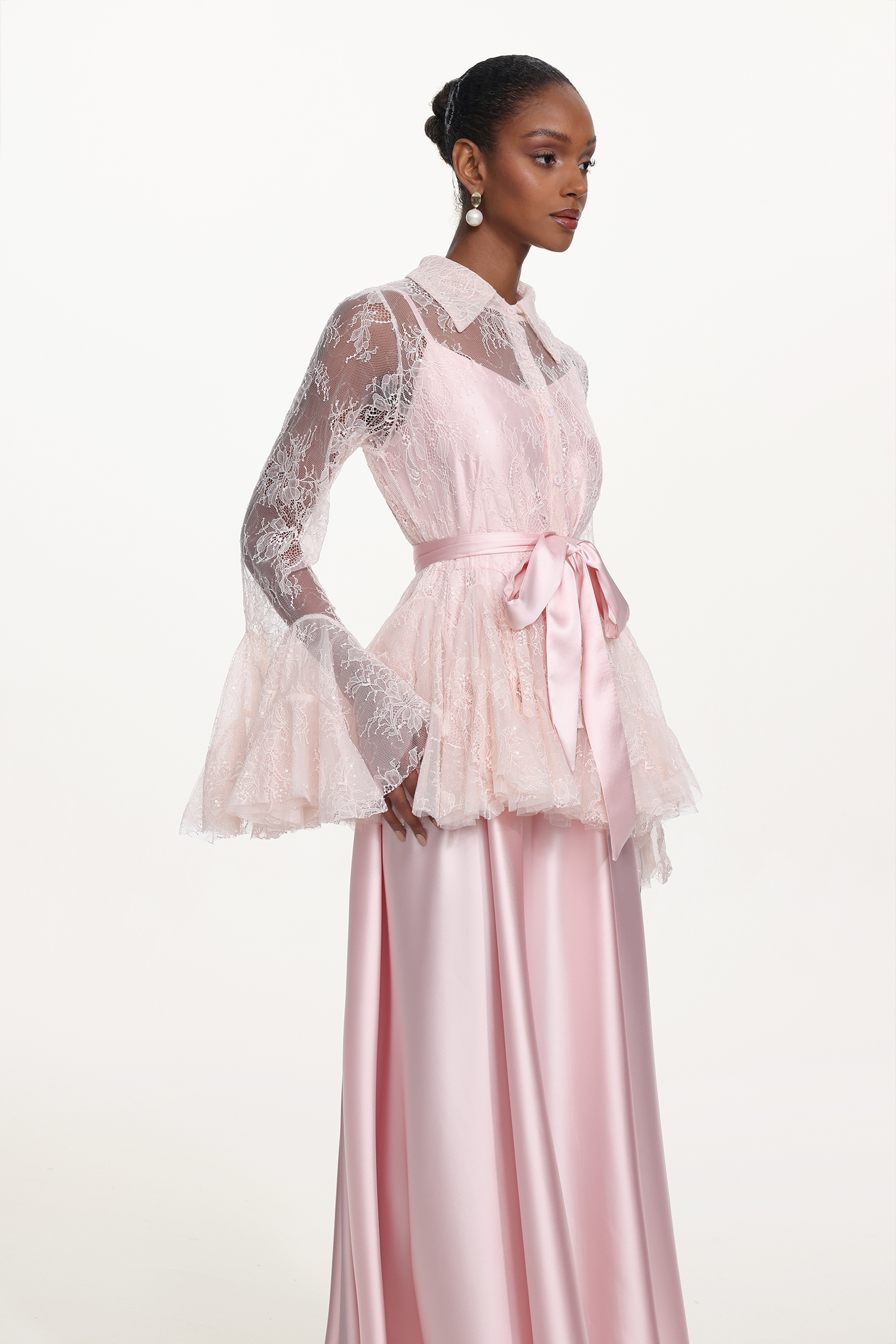 Diliy Romantic Flowy Long Sleeve Lace Shirt and Satin Dress Set