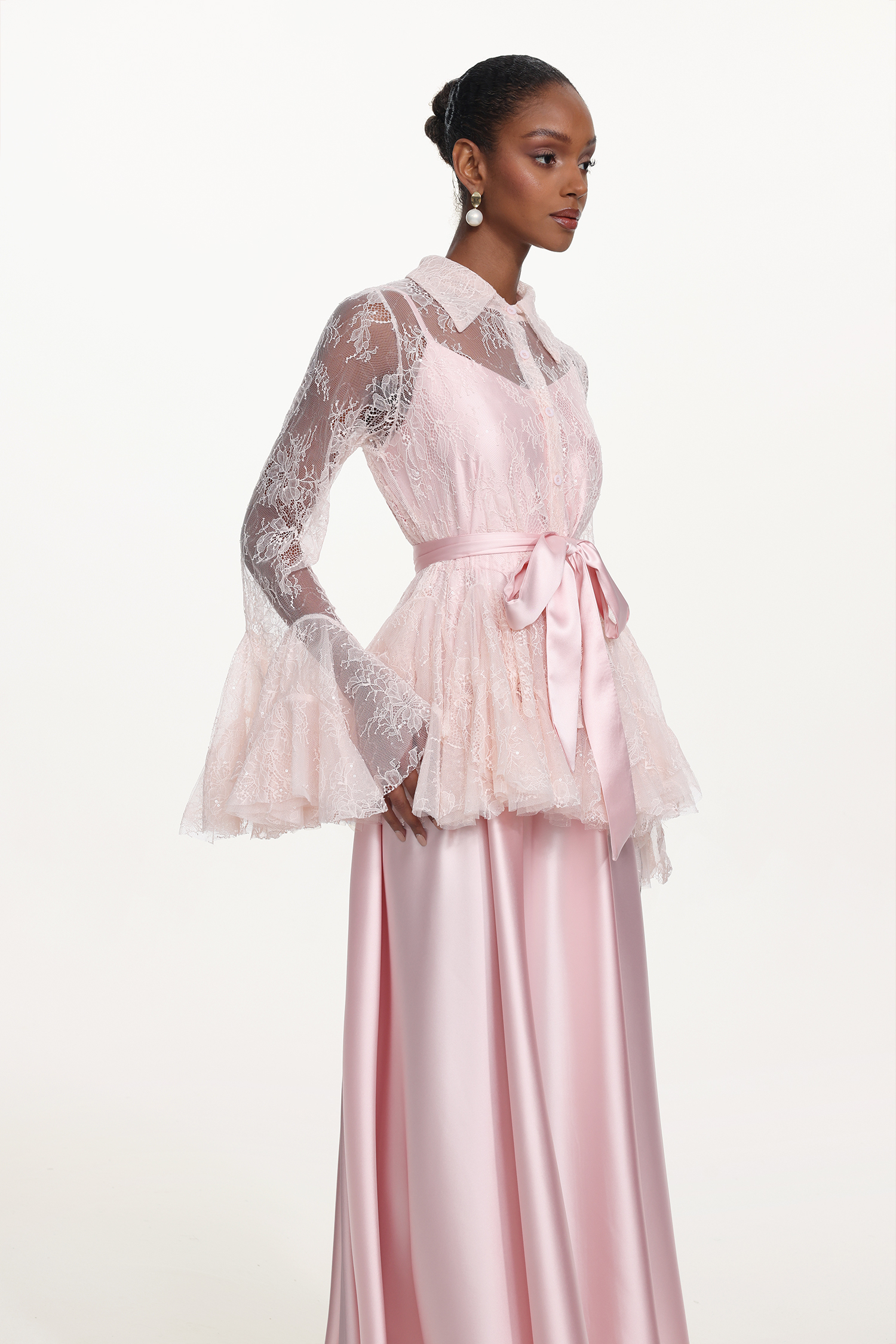 Diliy Romantic Flowy Long Sleeve Lace Shirt and Satin Dress Set