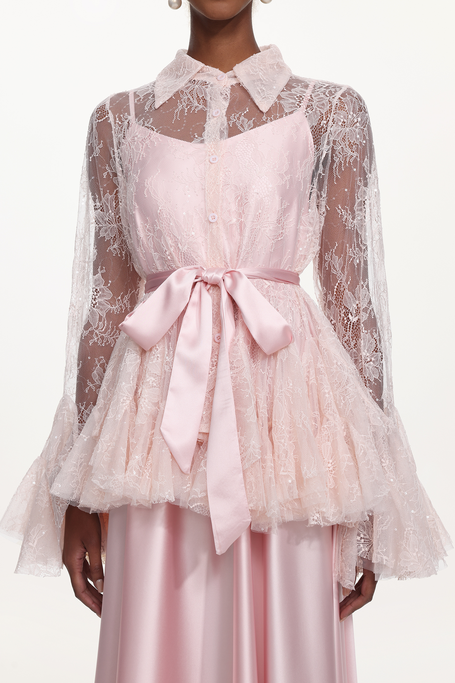 Diliy Romantic Flowy Long Sleeve Lace Shirt and Satin Dress Set