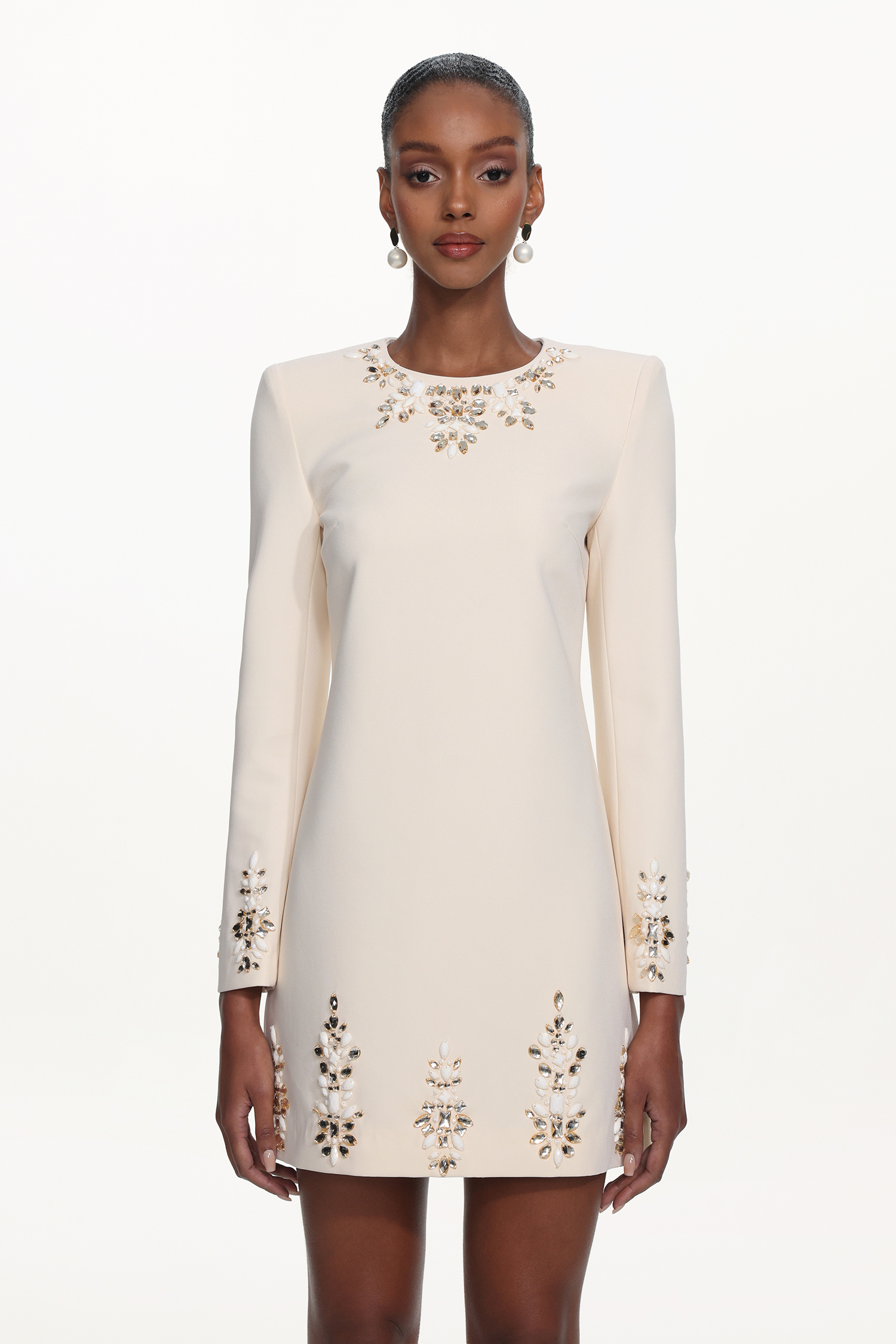 Kerin Elegant Embellished Long Sleeve Rhinestone Woven Mini Dress