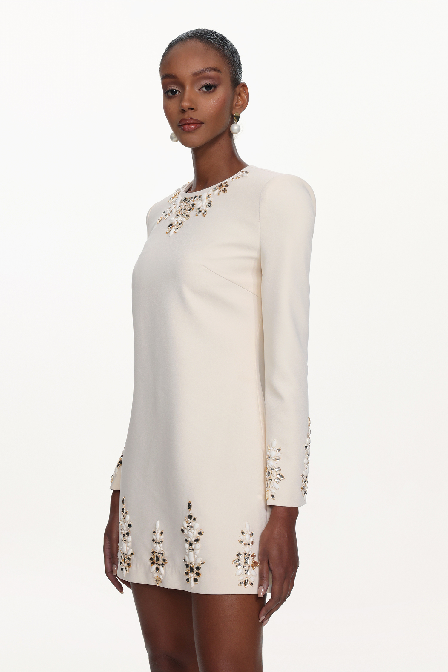Kerin Elegant Embellished Long Sleeve Rhinestone Woven Mini Dress