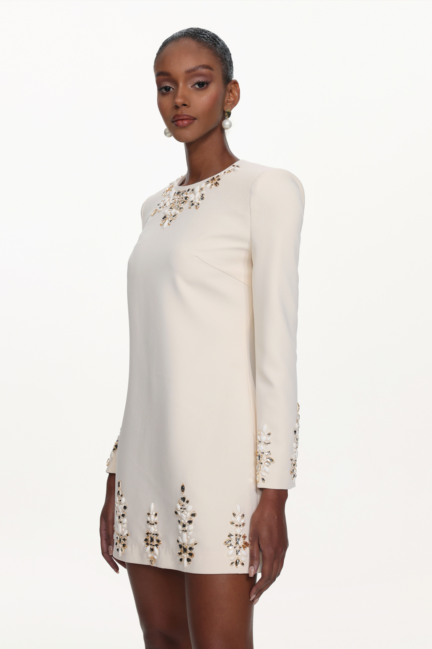Kerin Elegant Embellished Long Sleeve Rhinestone Woven Mini Dress