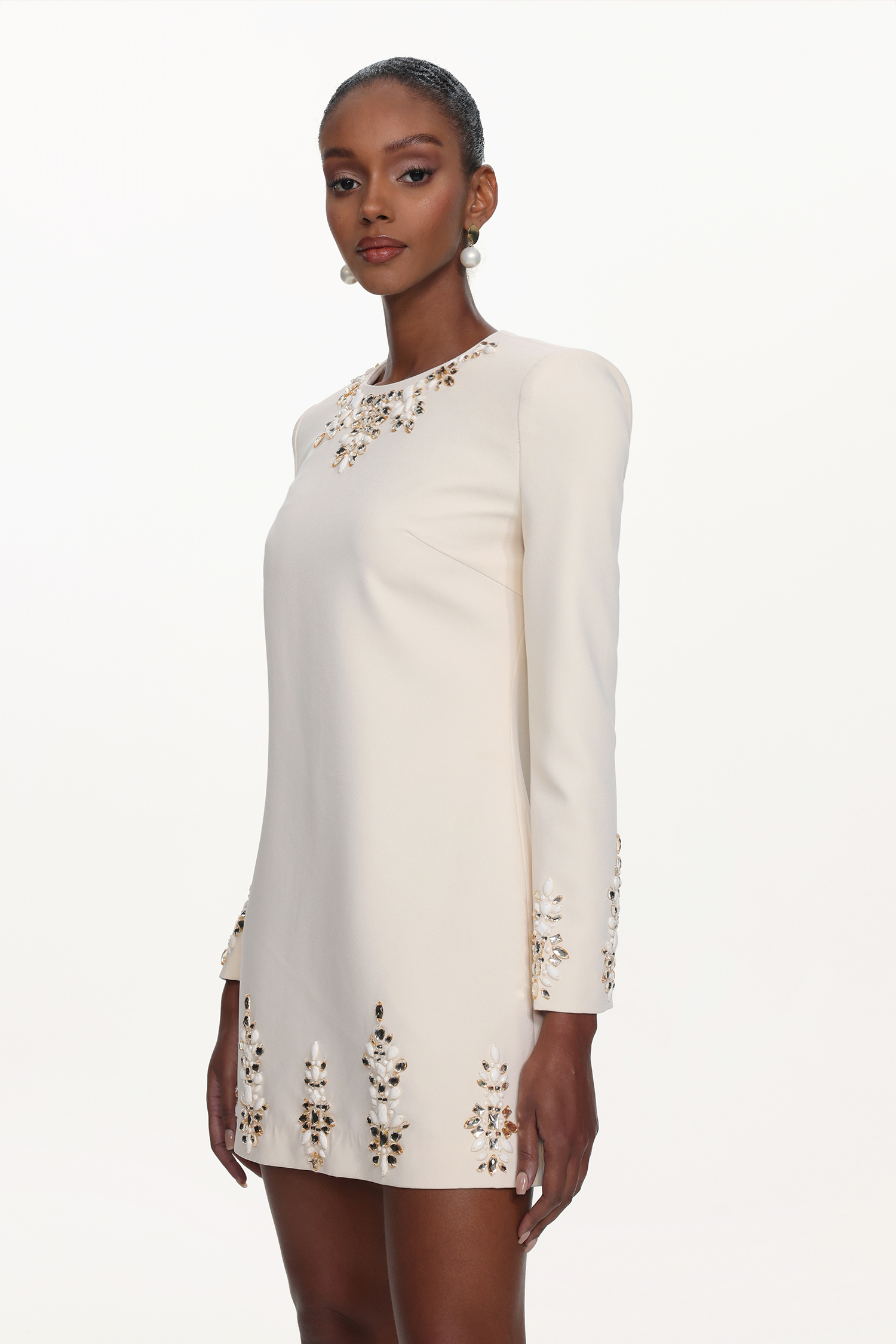 Kerin Elegant Embellished Long Sleeve Rhinestone Woven Mini Dress