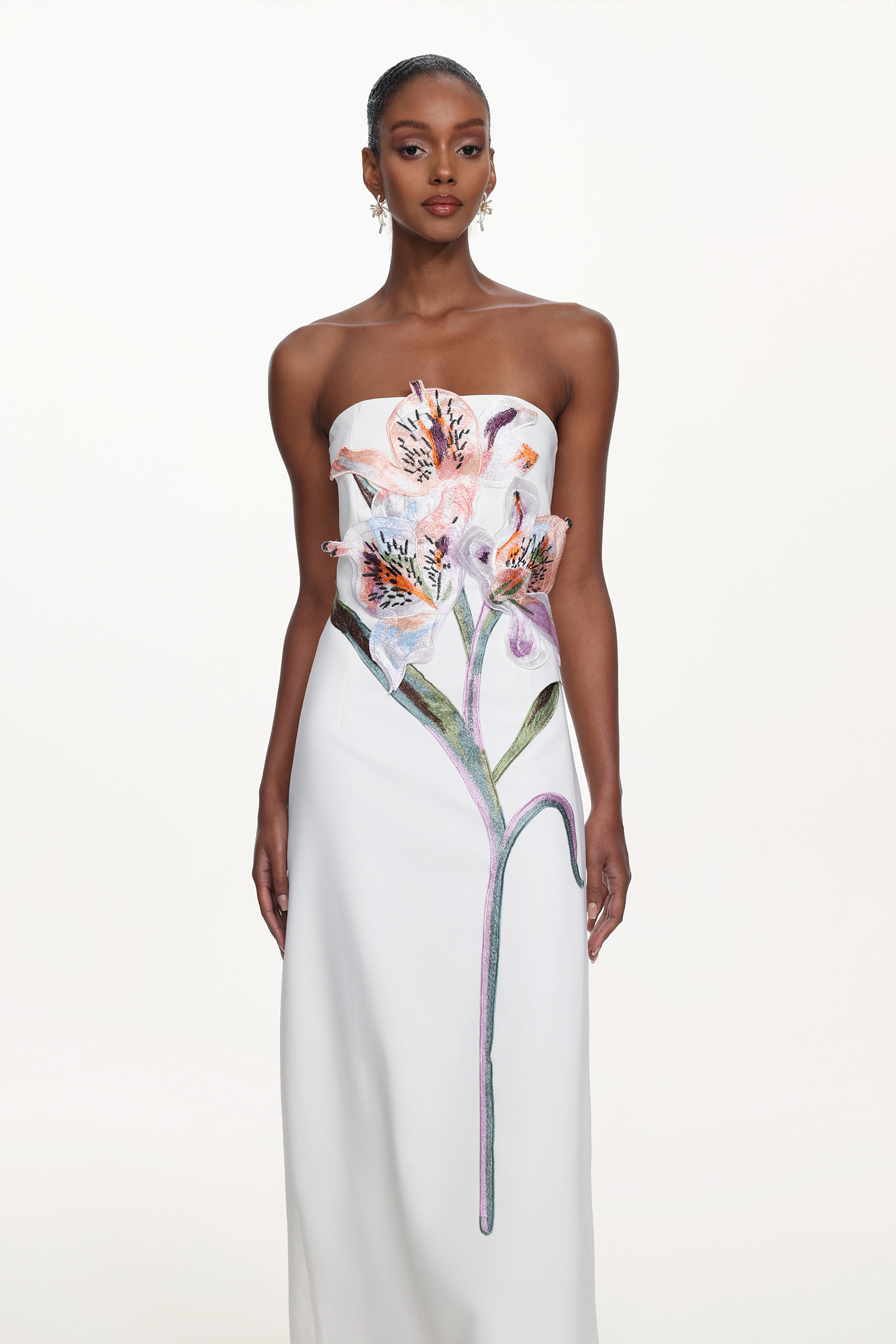 Xava Classic Tailored Strapless Floral Embroidered Maxi Dress