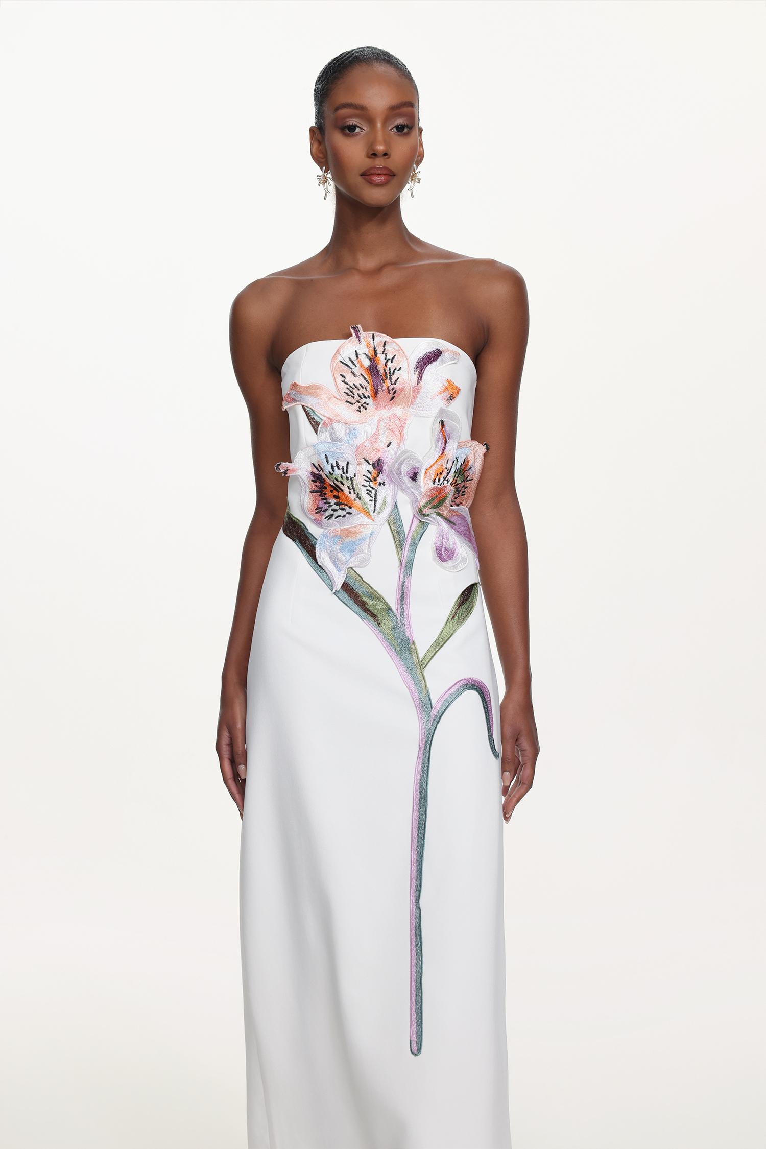 Xava Classic Tailored Strapless Floral Embroidered Maxi Dress